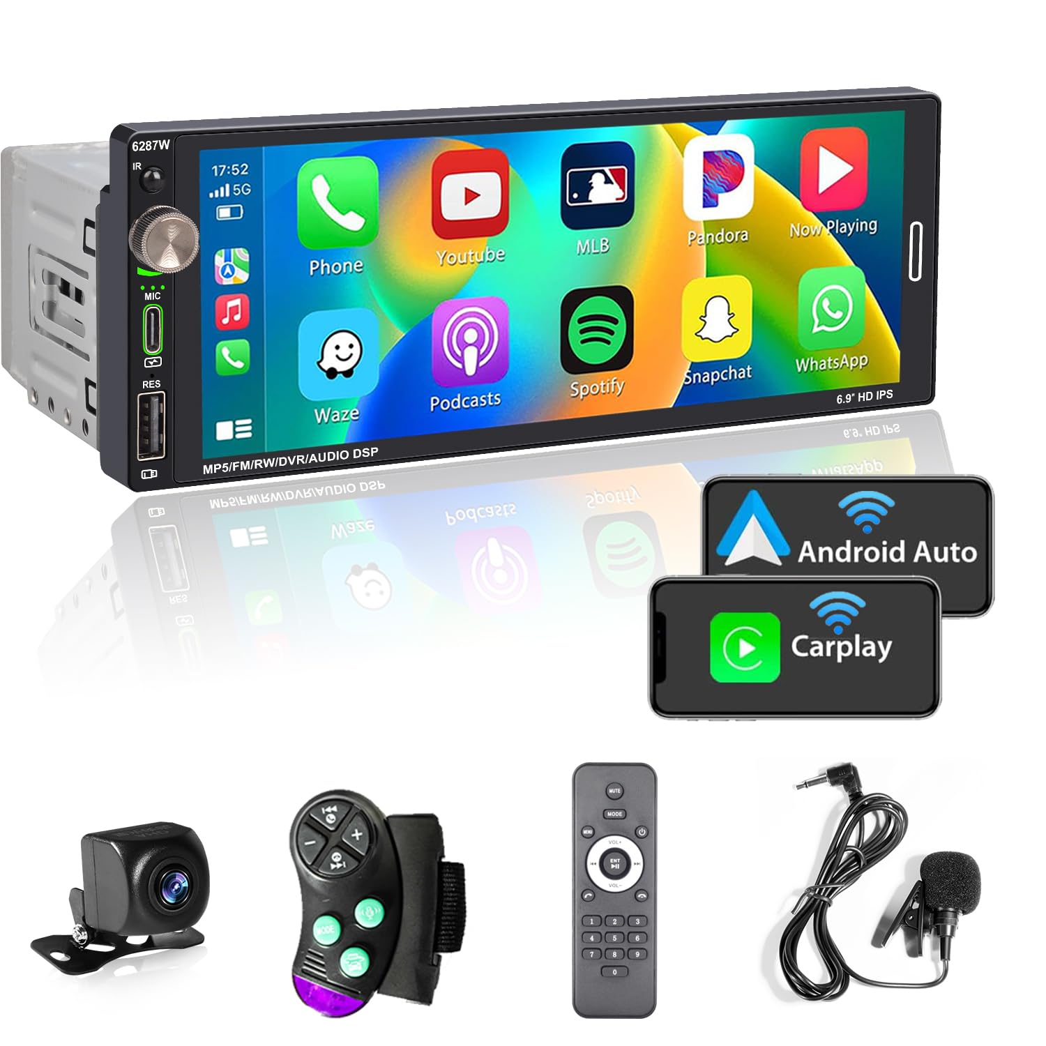 Alondy Single Din Car Touchscreen Radio (6.9-inch) Compatible with [Wireless] Apple CarPlay Android Auto Car Stereo Bluetooth USB (2.1A Type-C Fast