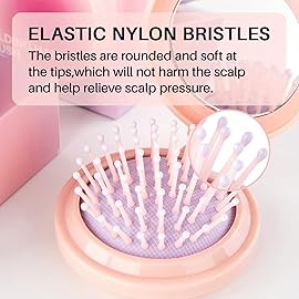 RHOS Folding Brush with Mirror for Women, Girls - Compact Pocket Portable Hair Brush with Soft Nylon Bristles for Purse and Travel (Pink)