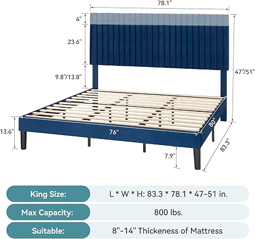 Miniatura 9 de HOOMIC Base de cama de plataforma de tamaño matrimonial, cama tapizada de terciopelo moderno con cabecera capitoné de canal vertical ajustable,