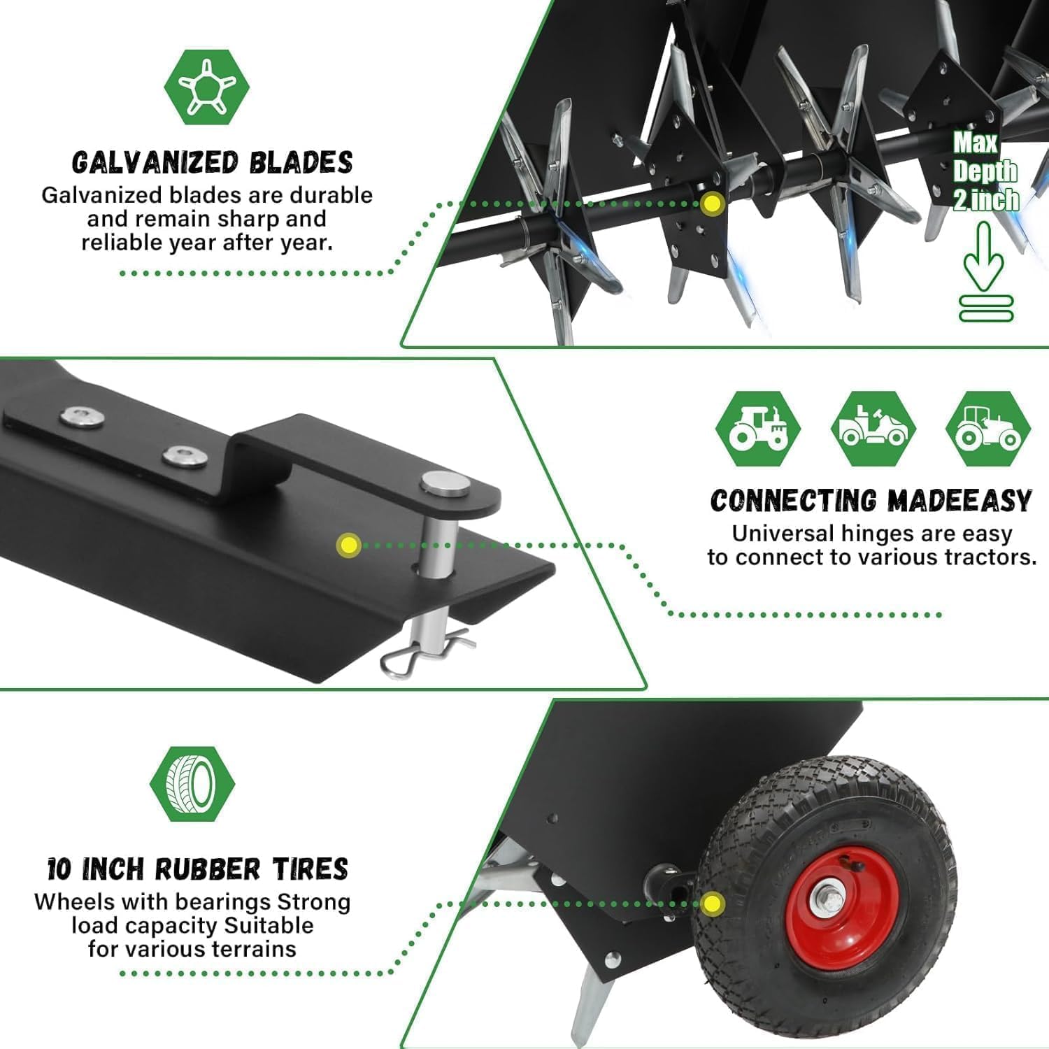 Doniks 48-Inch Tow Behind Lawn Plug Aerator with Universal Hitch, Lawn Aerator Tow Behind with 30 Galvanised Steel Tines,Tray and Inflatable Wheels for Gardens, Lawns, Farms