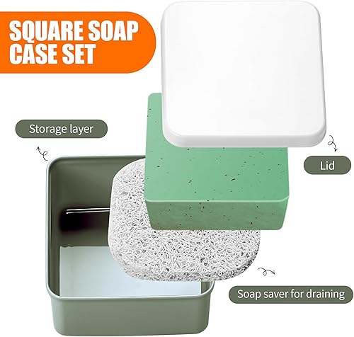 Miniatura 2 de Juego de 2 fundas cuadradas de viaje para jabón, soporte de jabón de plástico verde con tapa, caja de jabón portátil con almohadilla ahorradora de