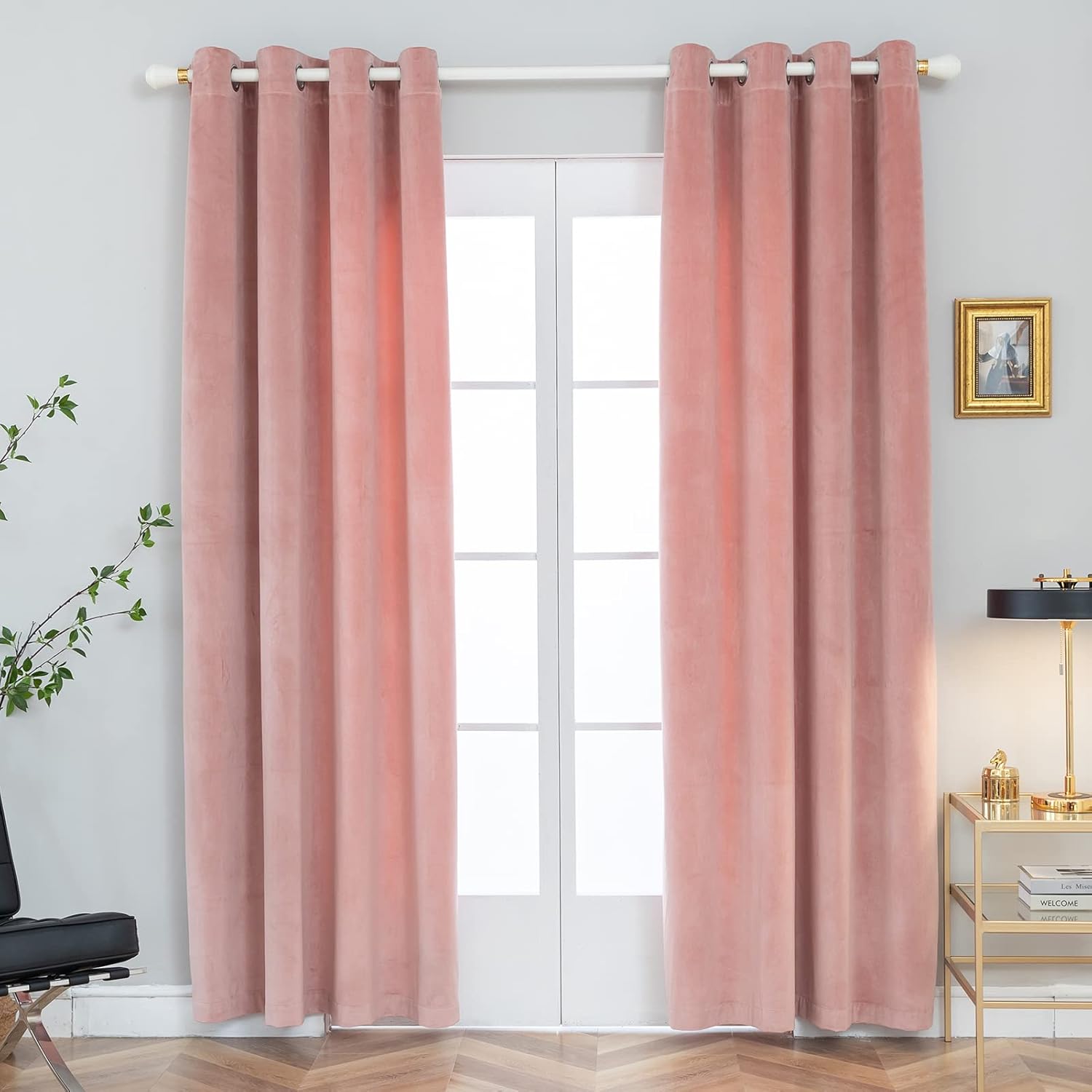 PLEASANT BOULEVARD | Velvet Curtains [2 Panels] Elegant Living Room Bedroom Window Drape Curtains, Grommet Eyelet Style (52 x 95in, Chintz Rose)