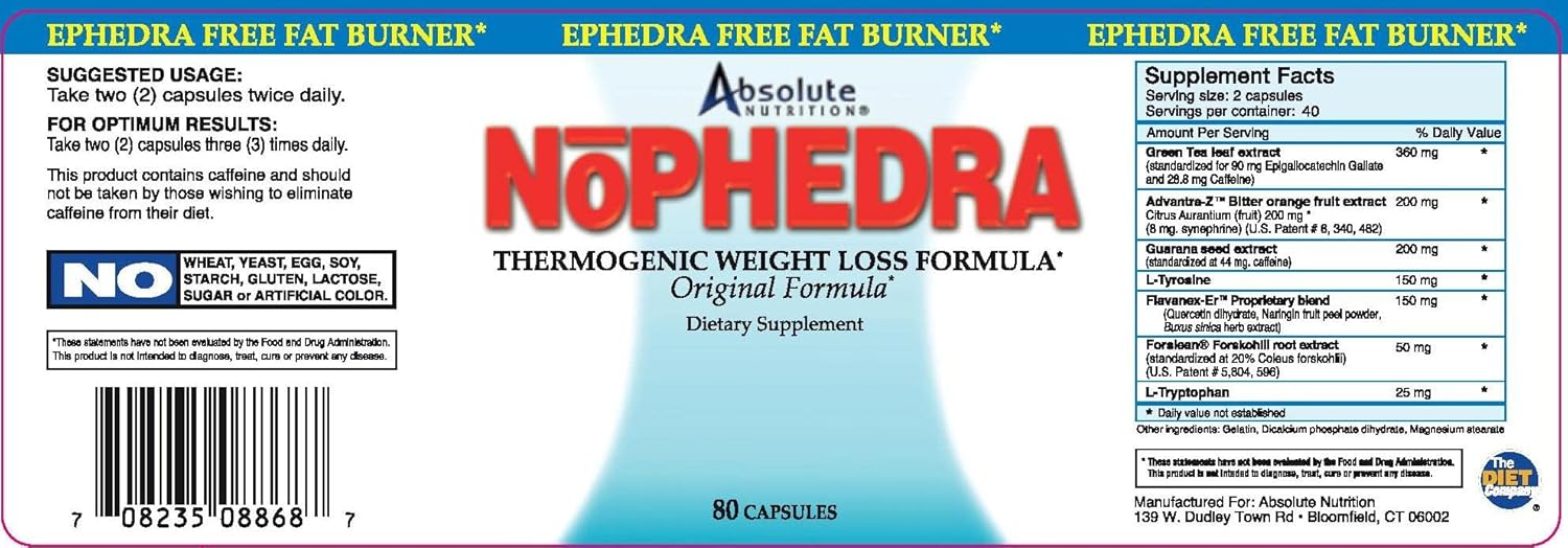 Absolute Nutrition Thermogenic Fat Burners, Nophedra Capsules, 80 Count Bottle : Health & Household
