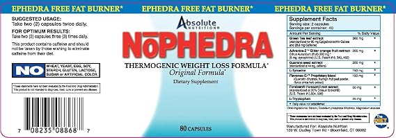 Absolute Nutrition Thermogenic Fat Burners, Nophedra Capsules, 80 Count Bottle