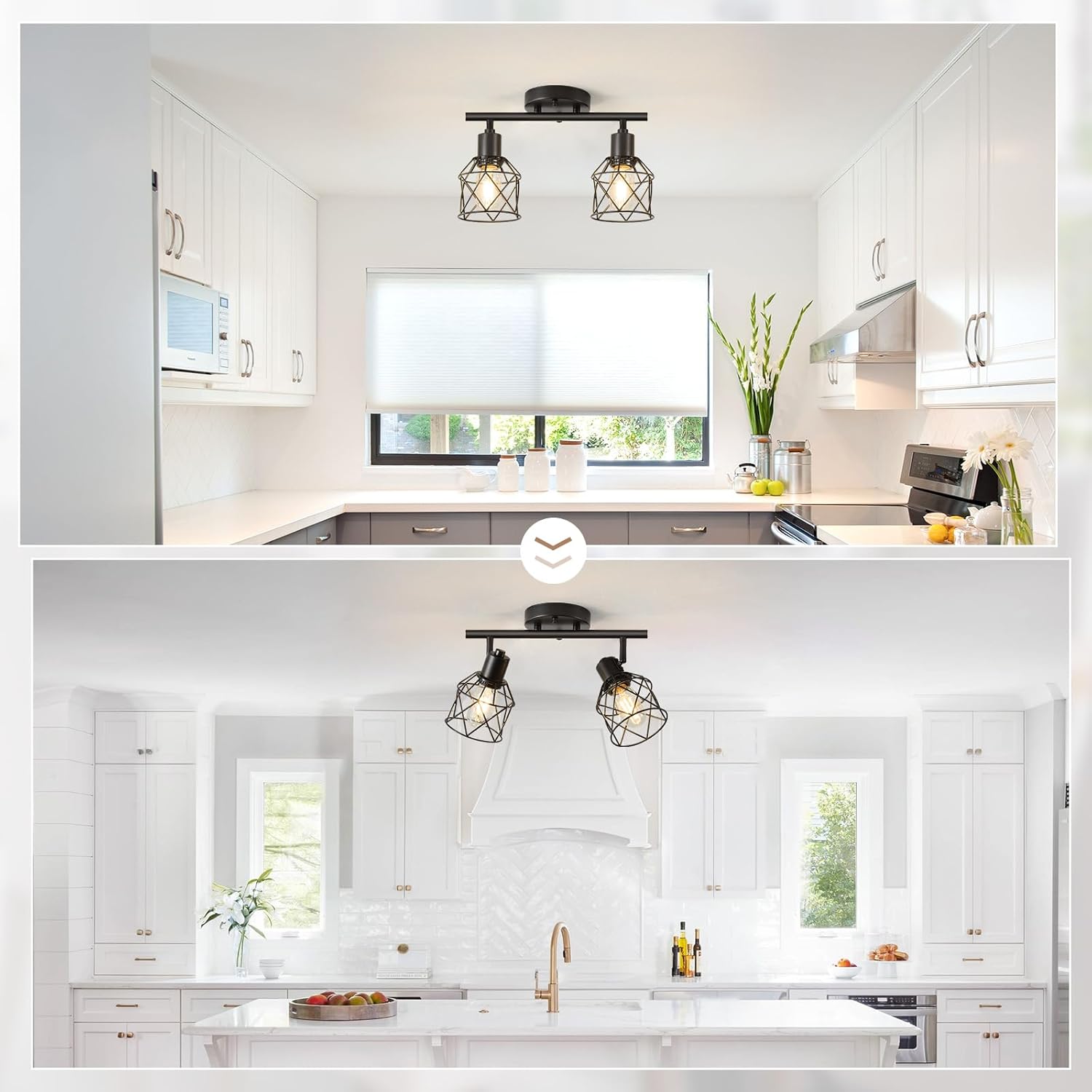 2-Lights Kitchen Track Lighting, Adjustable Multi-Directional Ceiling Light Fixtures, Rotatable Farmhouse Light Fixtures Mount with Metal Cage for Dining Room, Living Room, Bedroom, E26 Base