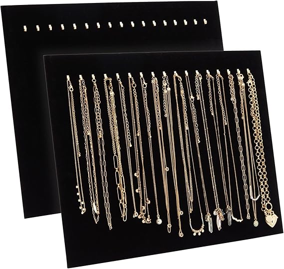 2Pack Black Velvet Jewellery Board Display, Necklace Organiser with 17 Hooks, 37 x 30 x 11.5 cm