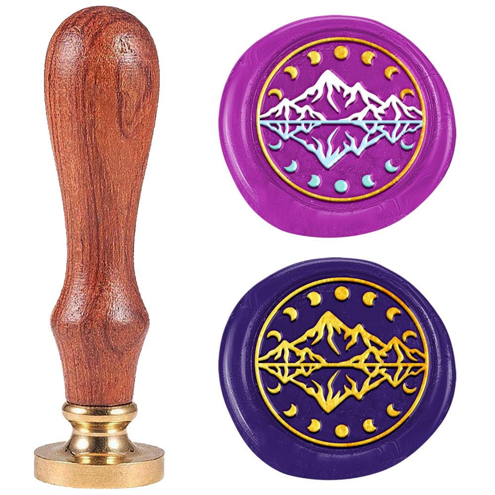DELORIGIN Moon Phase Wax Seal Stamp Reflection Mountain Embossed Stamp Sealing Removable 1" Brass Wax Seal Stamp Head with Wooden Handle Sealing Wax for Invitations Greeting Card Envelopes Craft