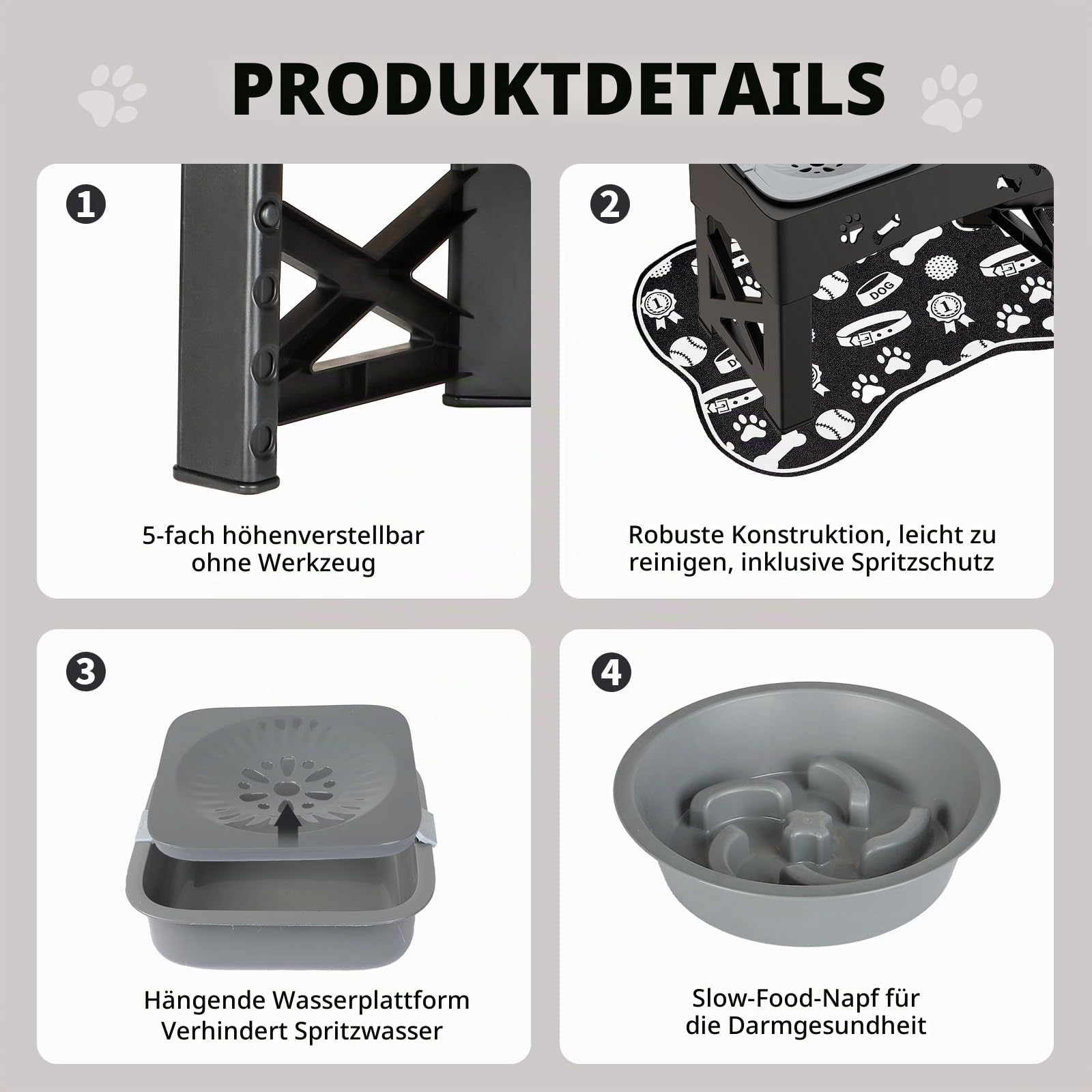 Erhöhter Hundenapf,5 Höhenverstellbar Futternapf für Kleine Mittlere Große Hunde,2-in-1 Auslaufsicher Faltbarer Wassernapf & Langsamfutternapf Doppel-Schüssel,Hundenapf Erhöht mit Gummimatte