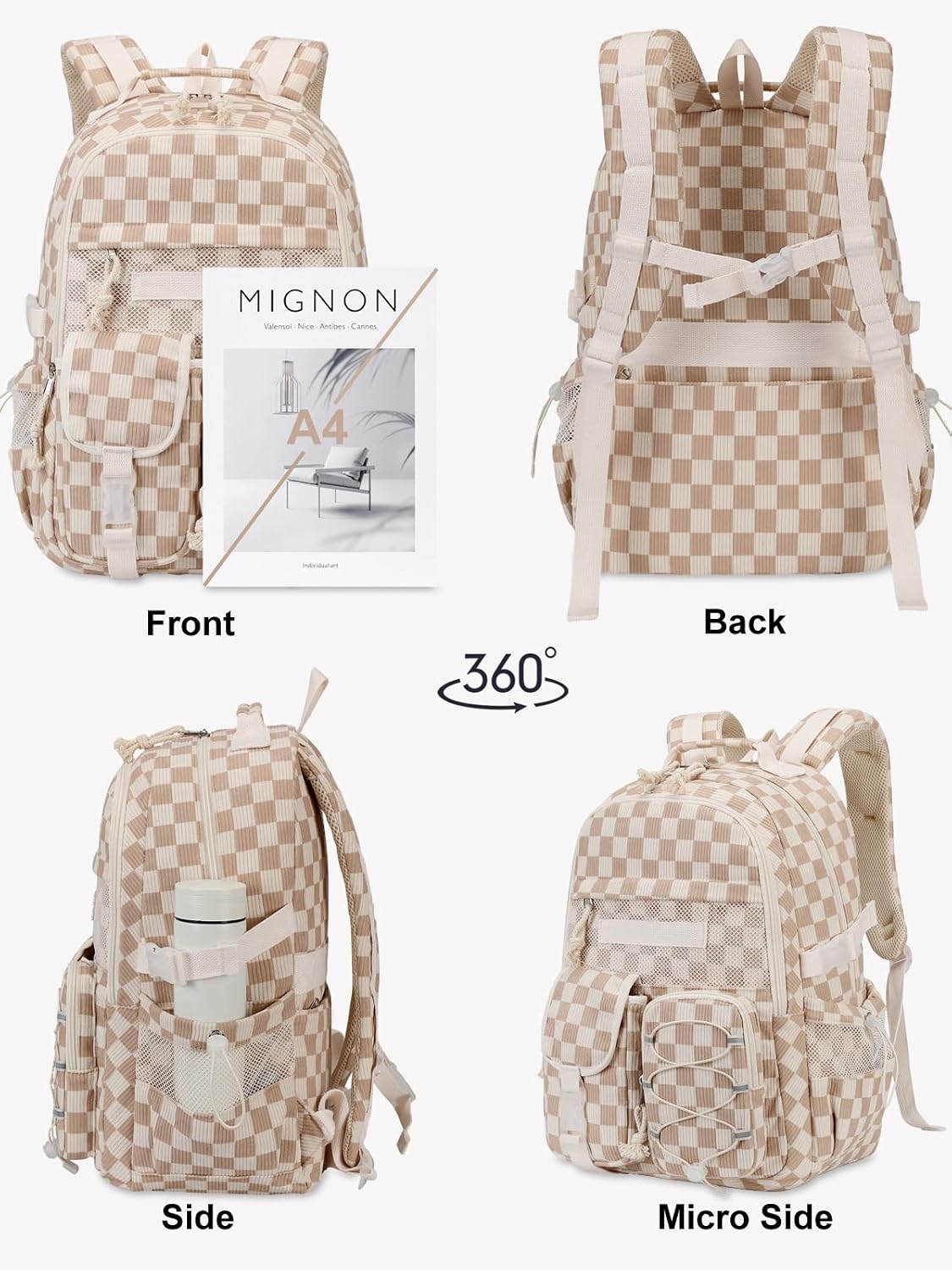 Octsky School Backpack for Teen Girls Checkered Bookbags Elementary High School Laptop Bags Women Travel Daypacks, Brown/White