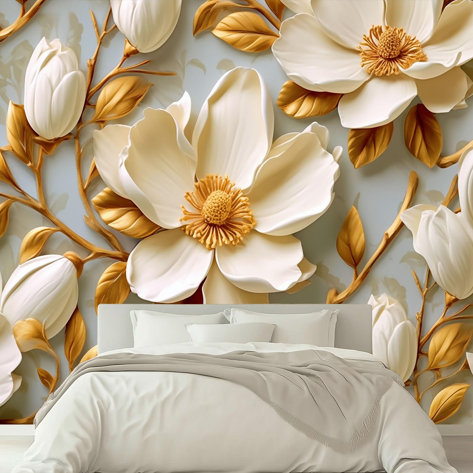 Panoramiczna tapeta ścienna 300 x 210 cm tapeta z włókniny, niestandardowy rozmiar, 3D magnolia tłoczone kwiaty tapeta 3D złota do salonu sypialni zima dekoracja domu