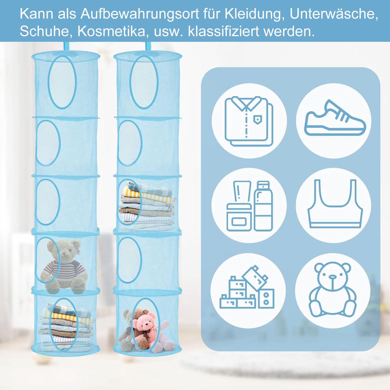 FEITONGFX Ophangrek, mesh, hangende net, opbergtas, 2 stuks, set van 4 niveaus, opvouwbare hangopslag, organizer, hangende opbergmand voor kinderen, knuffeldieren, hangrek voor kleine kleding