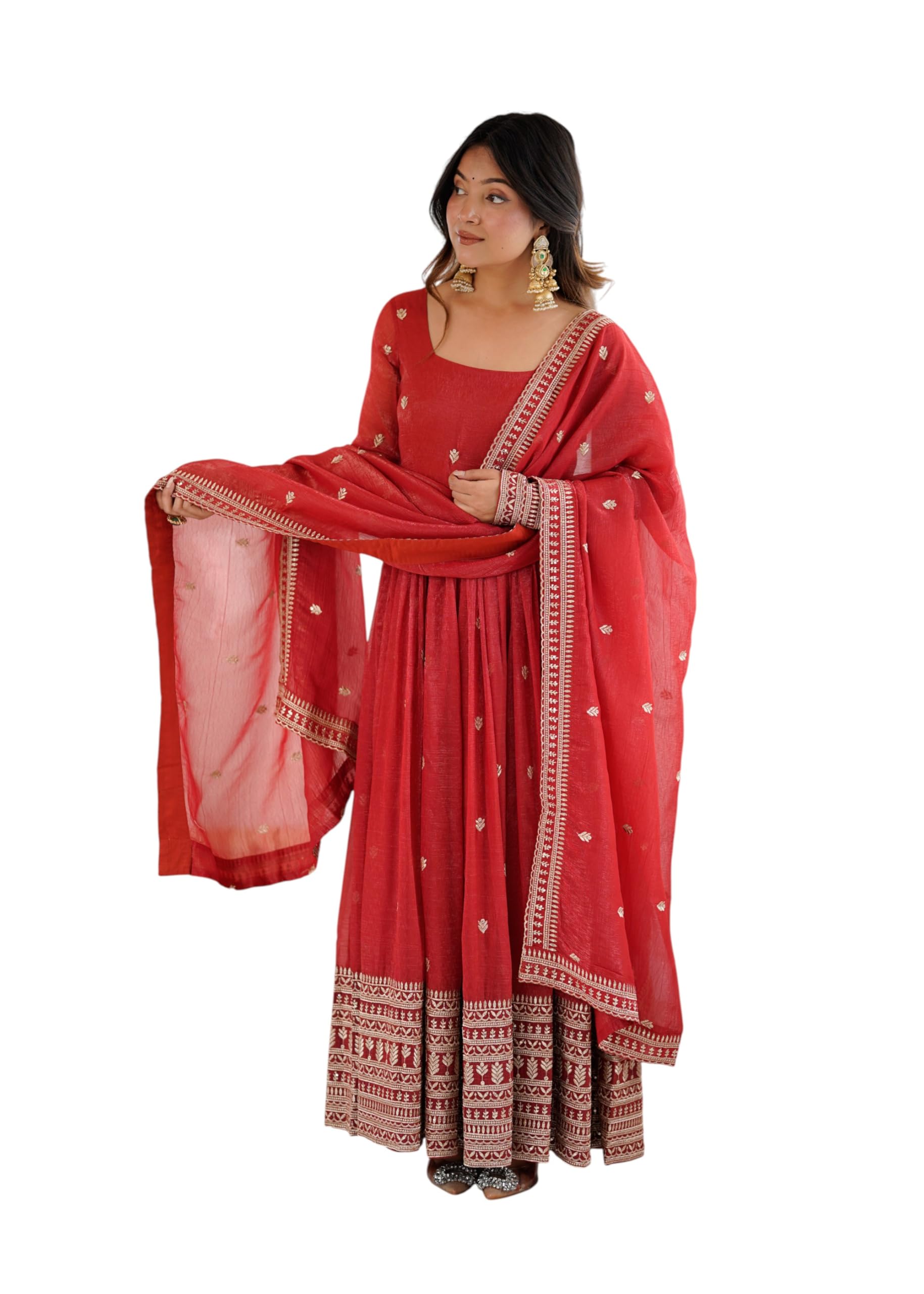 Women's Red Embroidered Anarkali Gown with Dupatta, Floor Length Traditional Ethnic Dress for Festive Wedding Party-image-11