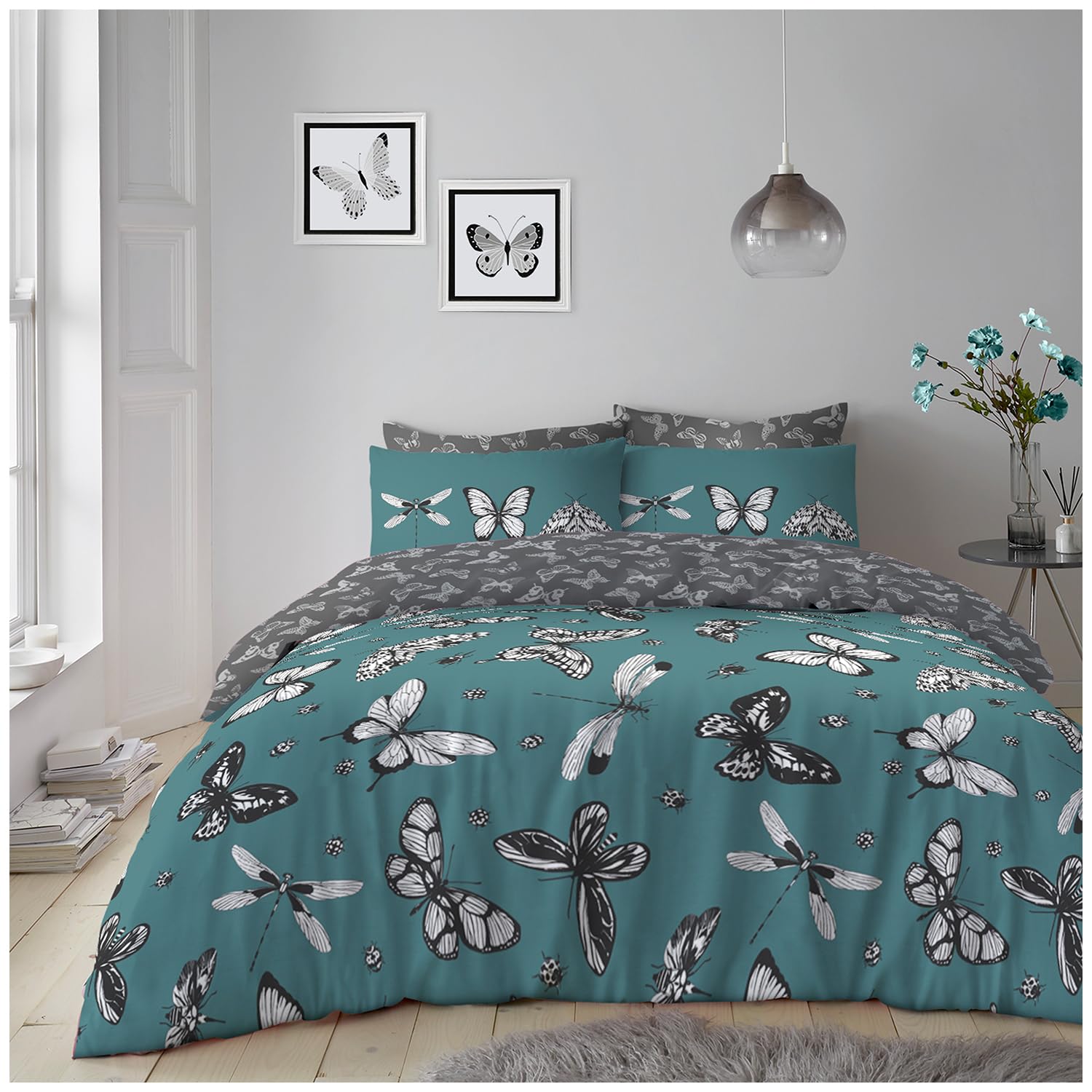 GC GAVENO CAVAILIA Reversible Butterfly Double Bed Duvet Cover, Premium Polycotton Firefly Printed Teal Bedding Bed Set, Reversible Quilt Cover With Matching Pillowcases Bed Sets