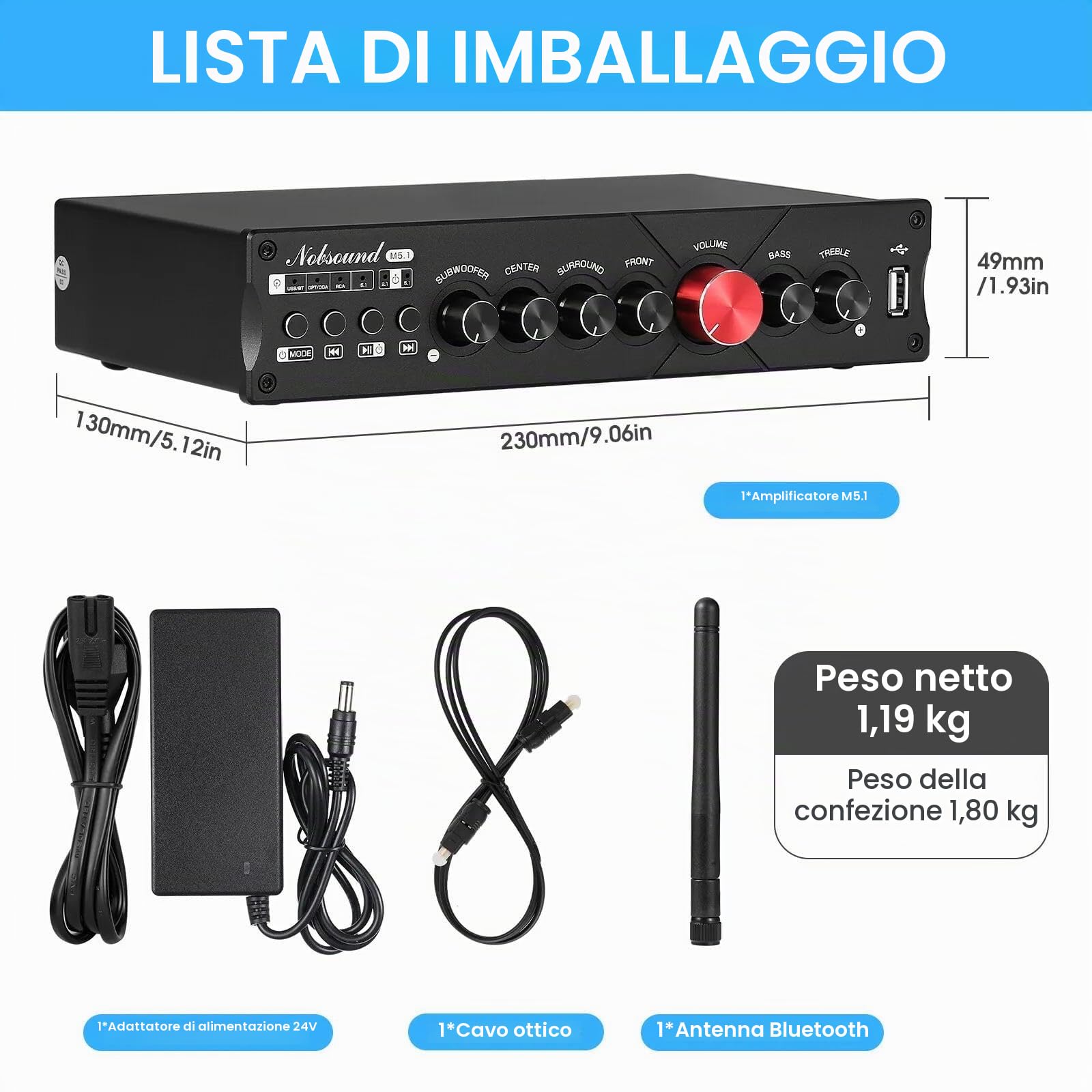 Nobsound HiFi 5.1 canali Bluetooth amplificatore stereo per home theater, power amp, subwoofer, amplificatore audio