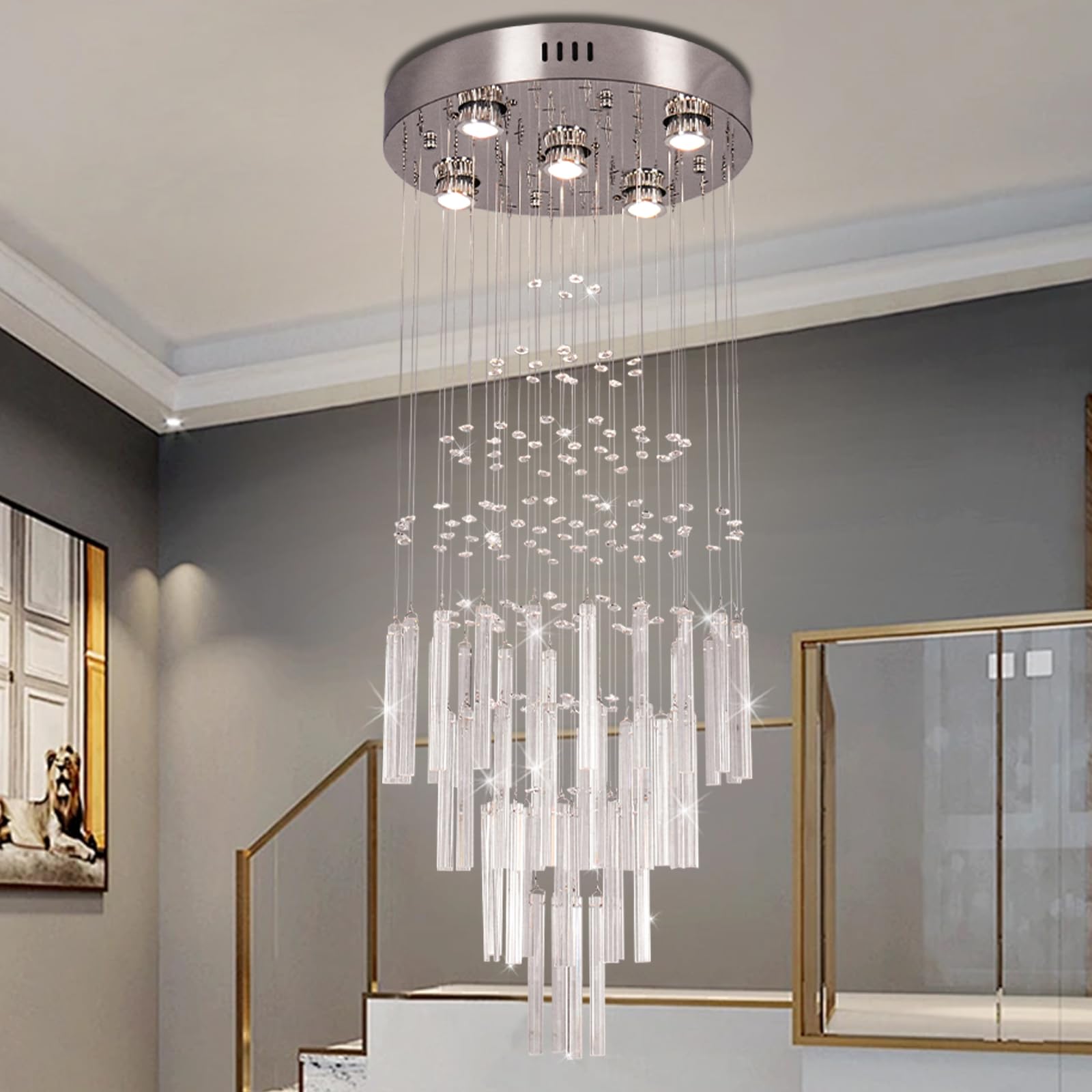 FRIXCHUR Modern Crystal Chandeliers 39.4" Long High Ceiling Chandelier ...