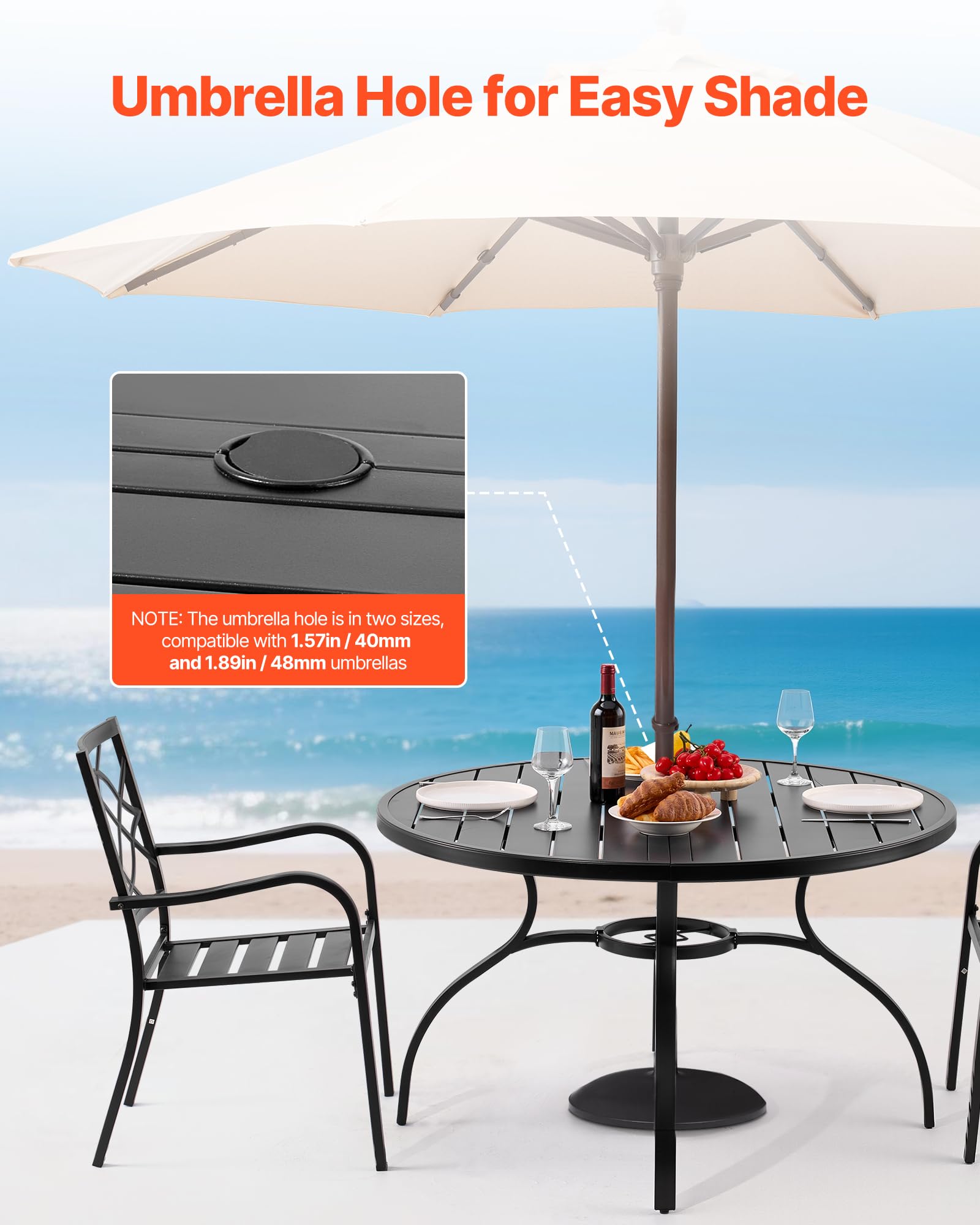 VEVOR Terrassentisch Gartentisch Balkontisch (1200 x 725 mm) aus Kohlenstoffstahl runder Esstisch für Outdoor Hof Terrasse Garten Veranda, wasserfest, mit 38 mm Schirmloch, 68 kg Tragkraft Schwarz