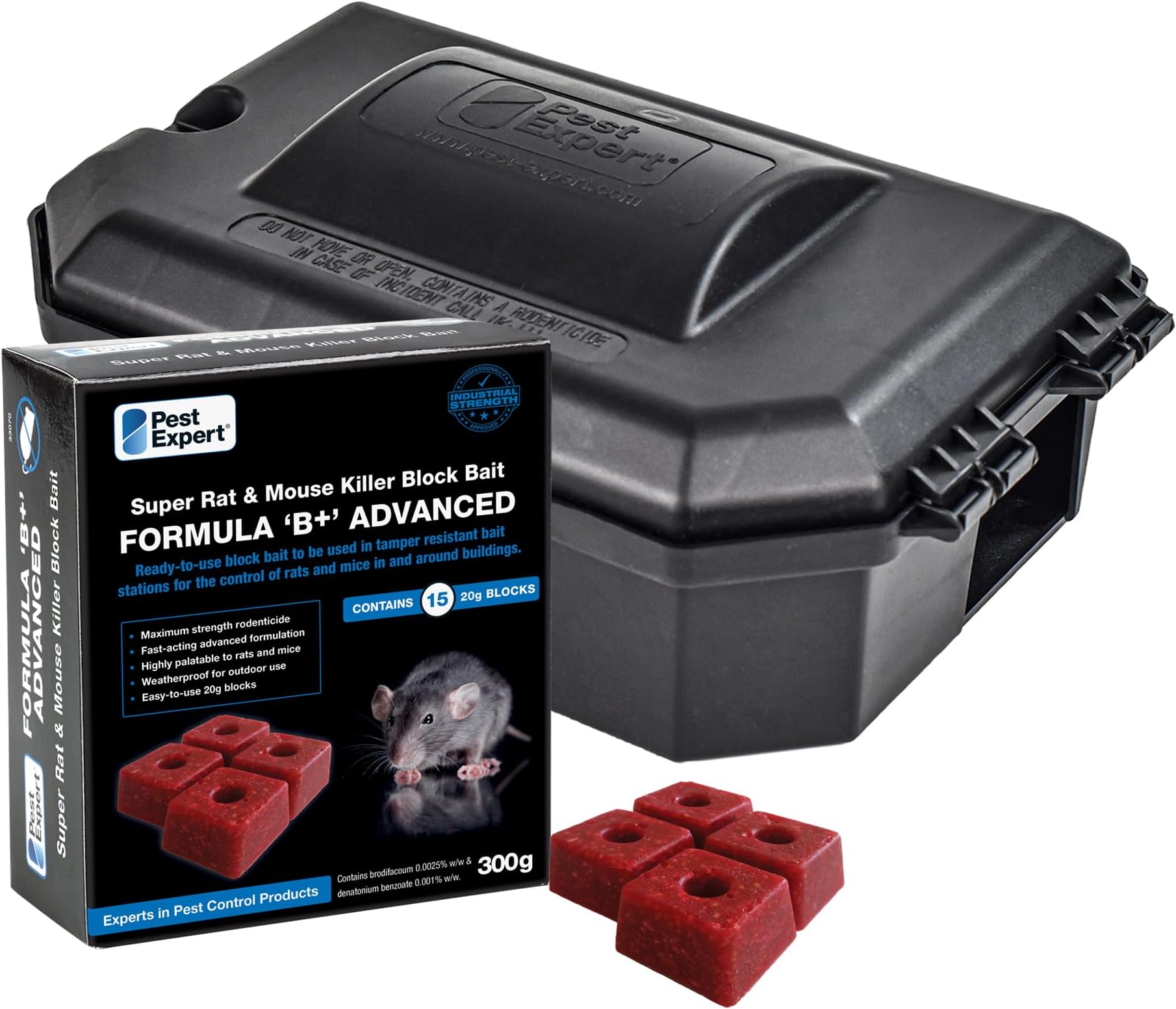 Pest Expert Rat/Mouse Killer Poison Bait Blocks (300g - 15 Blocks) Single Feed Fast-Acting Rat Poisoning Super Strength for Indoor/Outdoor Use & Heavy-Duty Rat Bait Box Station for Safe Control