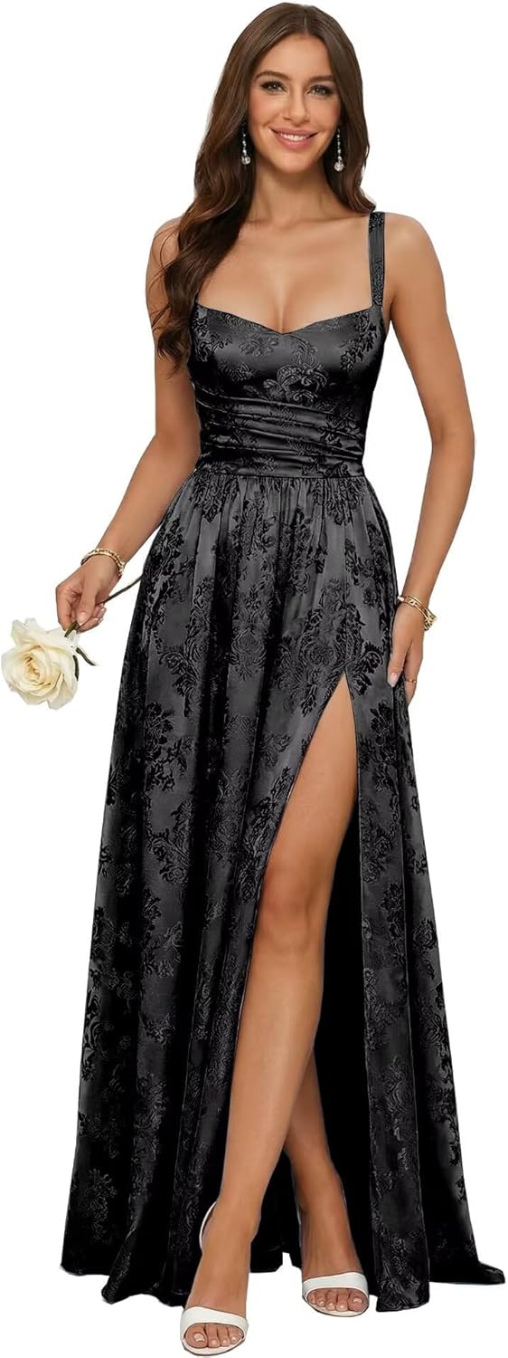 Floral Jacquard Prom Dresses Spaghetti Straps A Line Formal Evening Party Dress with Slit