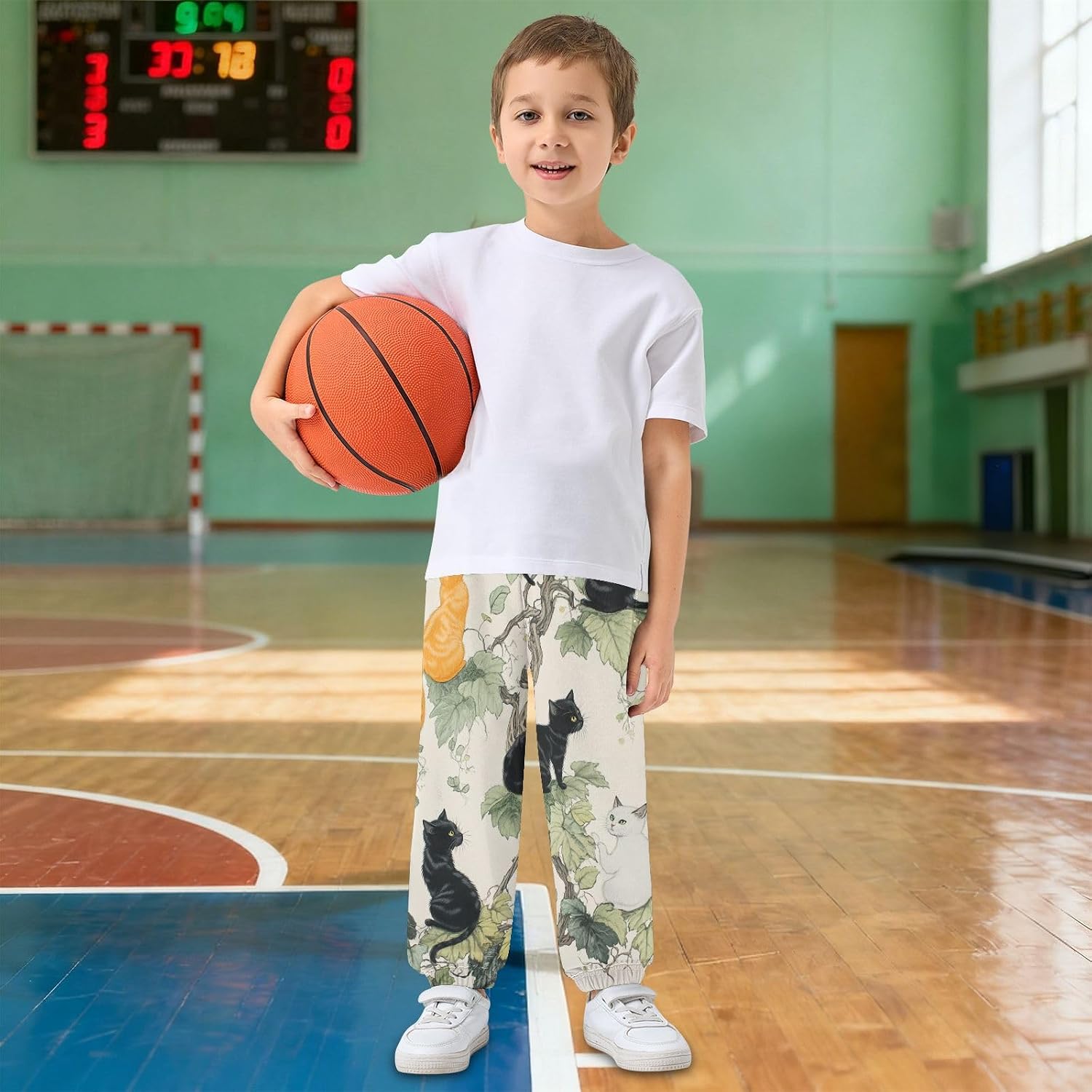 Boy Sweatpants Retro Cat Green Leaf Joggers Casual Athletic Pants Kids Elastic Waist Cuffed with Pockets