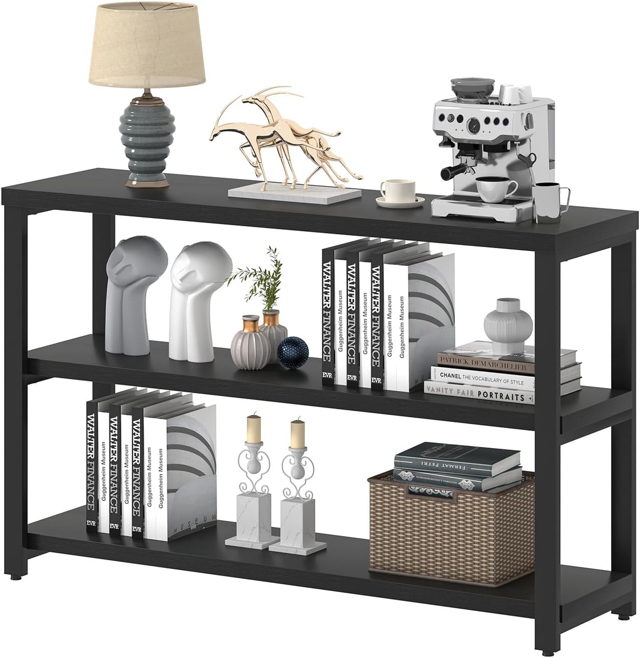 EXCEFUR Industrial Entryway Table, 3 Tier Console Table for Living Room, Wood Sofa Table for Hallway Behind Couch (47 Inch, Modern Black)