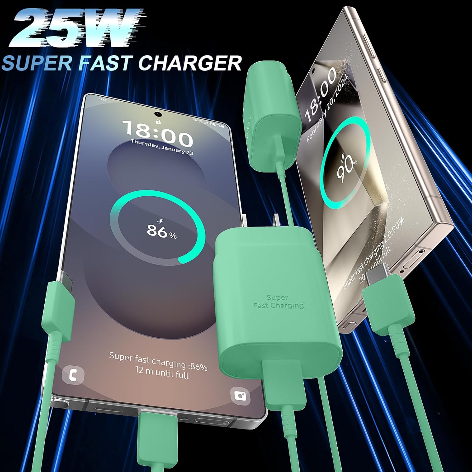 USB C Android Charger Fast Charging Cord, Super Fast Phone Chargers 10FT C to C Type Cable with 25W USBC Wall Block for Samsung Galaxy S26 S25 S24 Ultra Plus/S23/S22/S21/S20/Note 20/10, Green