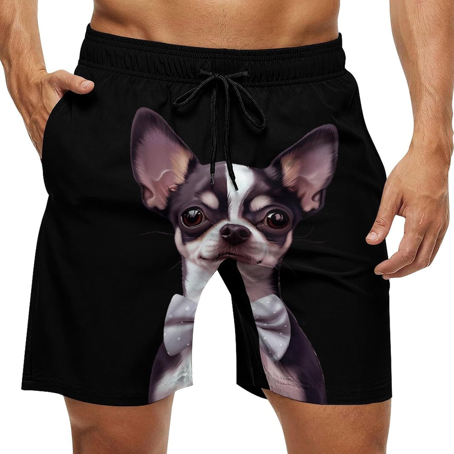 Cute Chihuahua Dog with Bowtie Casual Men's Swim Trunks Novelty Summer Beach Shorts Swimwear with Pocket