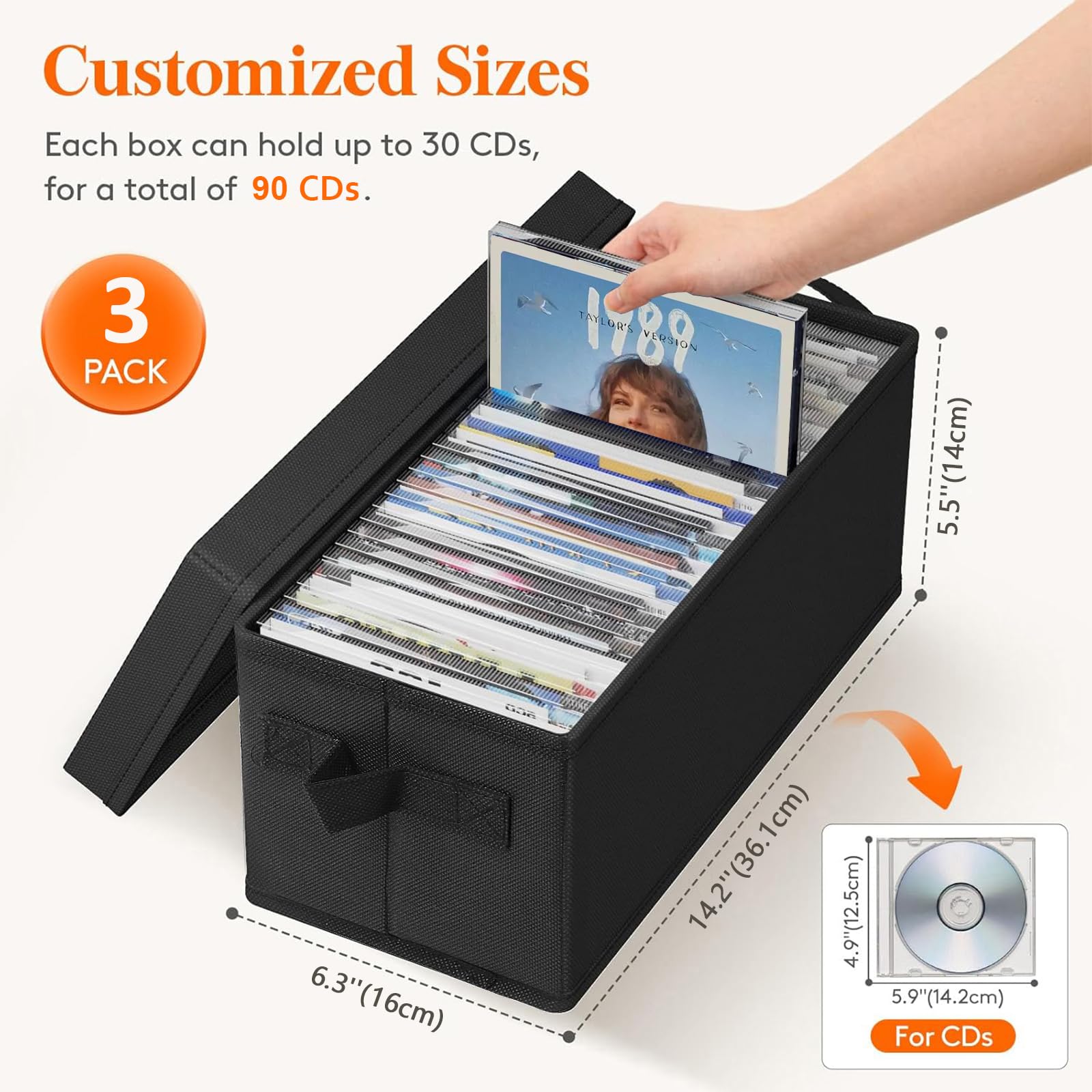 Confezione da 3 Scatola Archivio CD, contenitori impilabili per CD Oggetti con Coperchio Pieghevoli Scatole Portaoggetti con Manici, per Guardaroba, Armadio, Scaffali