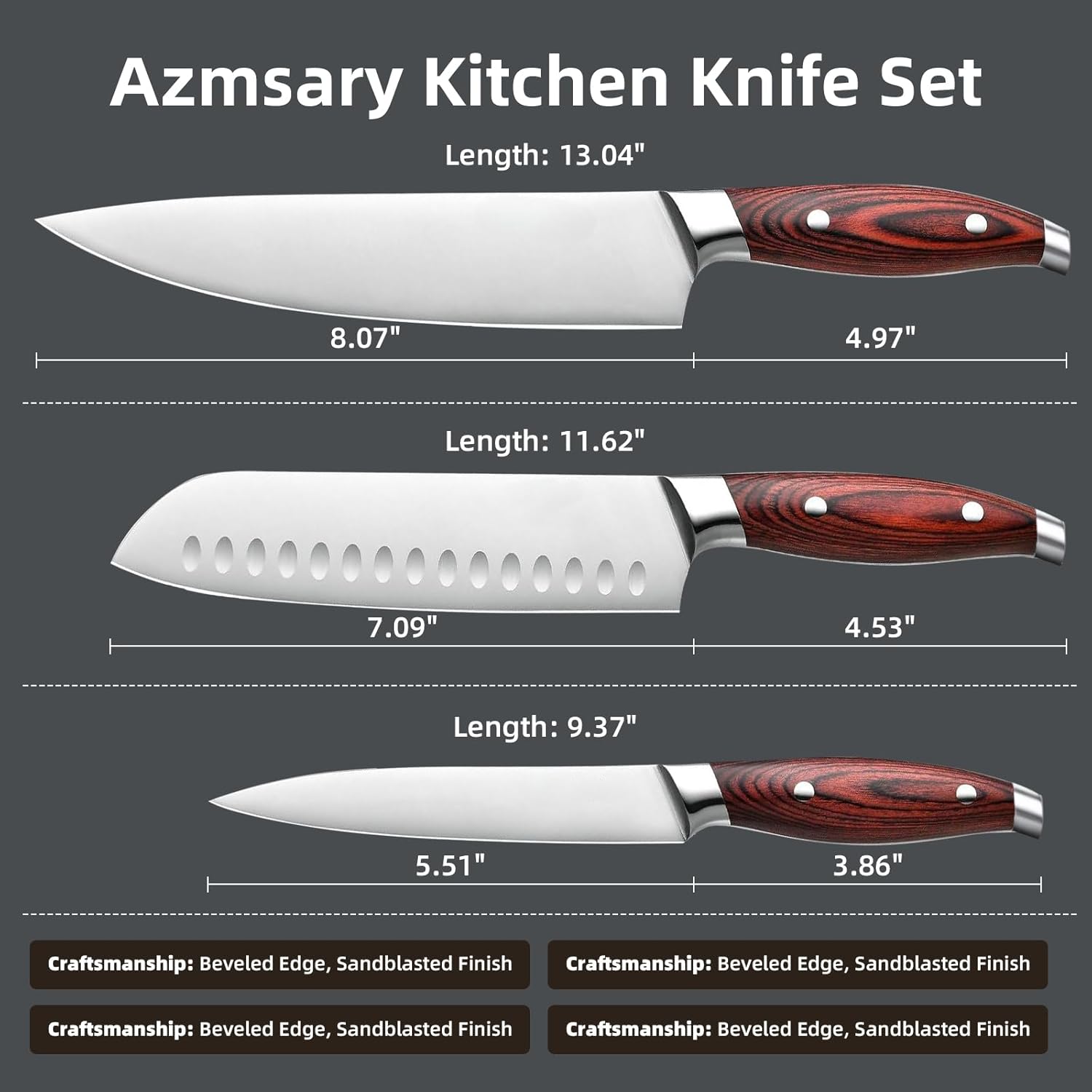 3-Piece Kitchen Knife Set – Includes Ultra-Sharp Chef Knife, High Carbon Stainless Steel Blades with Ergonomic Pakkawood Handles, Professional Knives Set for Kitchen, Elegant Gift Box