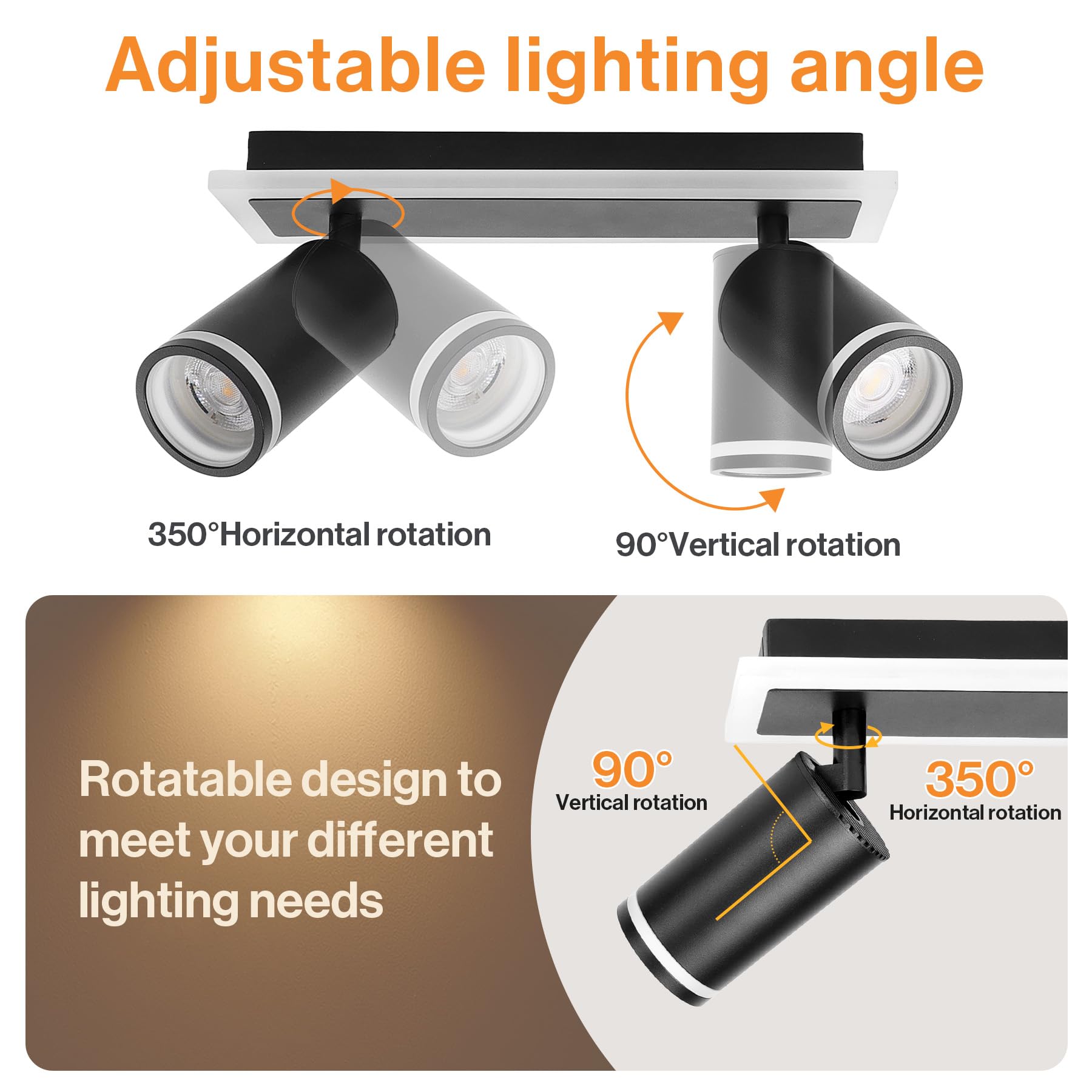 Deckenstrahler LED Schwarz Deckenstrahler 2 Flammig Schwenkbar 350° Strahler Deckenleuchte mit unteres Glühen 8W+2x5W GU10 Spots, Deckenlampe 3000K Warmweiß Küchenlampe für Schlafzimmer