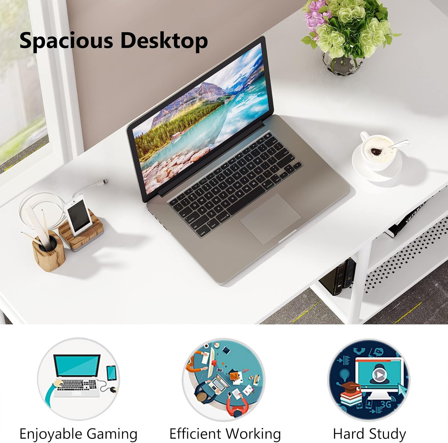 Tribesigns Modern L-Shaped Desk with Storage Shelves, 360°Rotating Desk Corner Computer Desk Study Writing Table Workstation with Open Shelves for Home Office, High Glossy Finish (White)