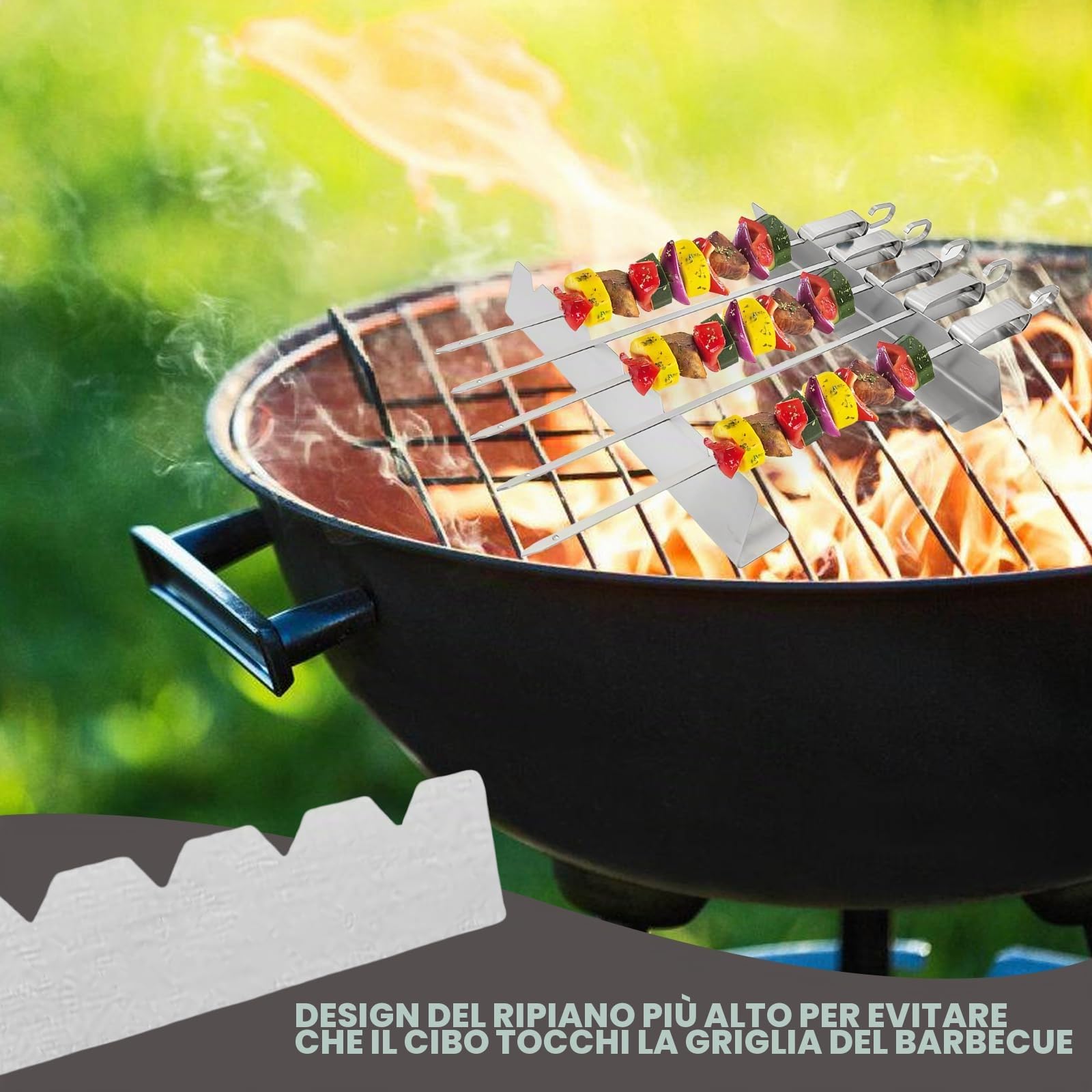 4 Pezzi Griglia Supporto per 6 Spiedini in Acciaio Inox - Accessori per Barbecue, Esterni, Campeggio ed Escursionismo
