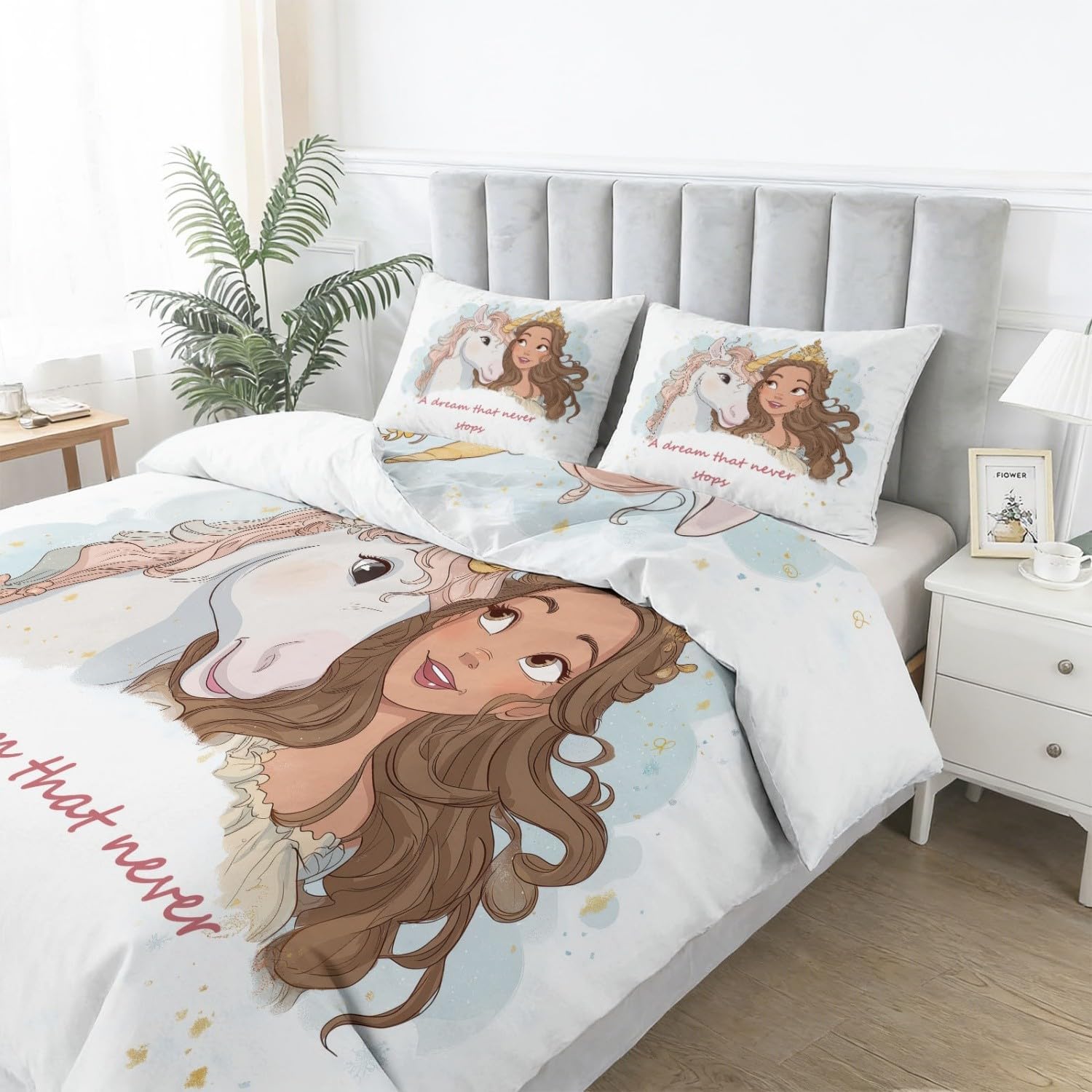 Duvet Cover Set Cartoon Unicorn Girl Pattern Printed Comforter Cover 3pcs, Soft Breathable Bedding Set with 4 Ties, Reversible King Size Duvet Covers Set with Zipper Closure Colorful