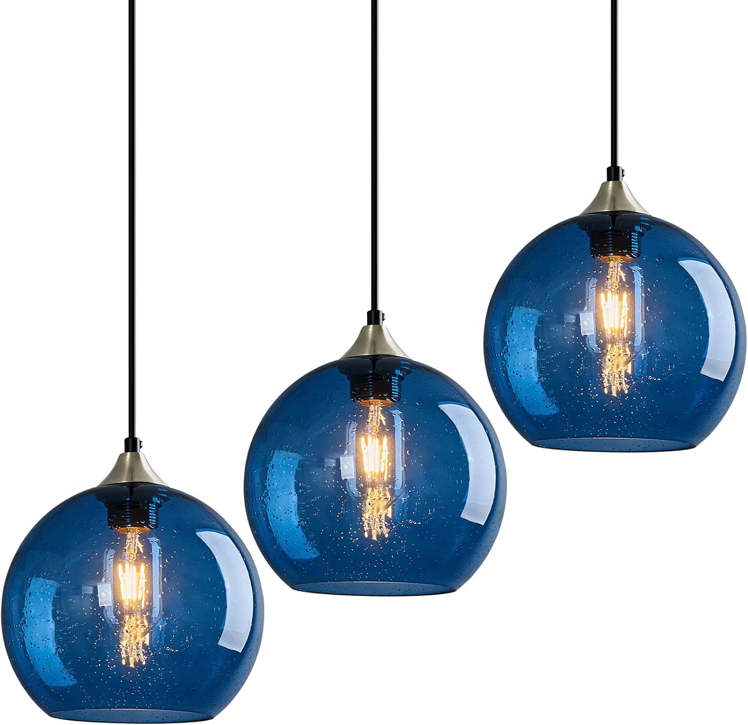 Blue Glass Pendant Lights Kitchen Island Lighting Globe Pendant Light Fixtures Modern Pendant Lighting for Kitchen Island Bedroom Living Dining Room Light Fixture(7.87in, 3-Pack)