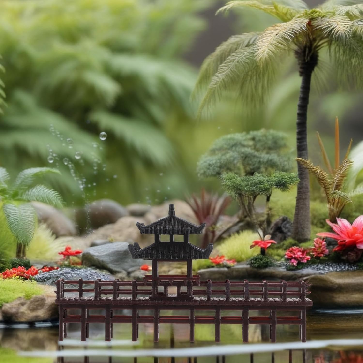 Mini Pavilion Figurine Chinese Style Bridge Sculpture for Tabletop Decor