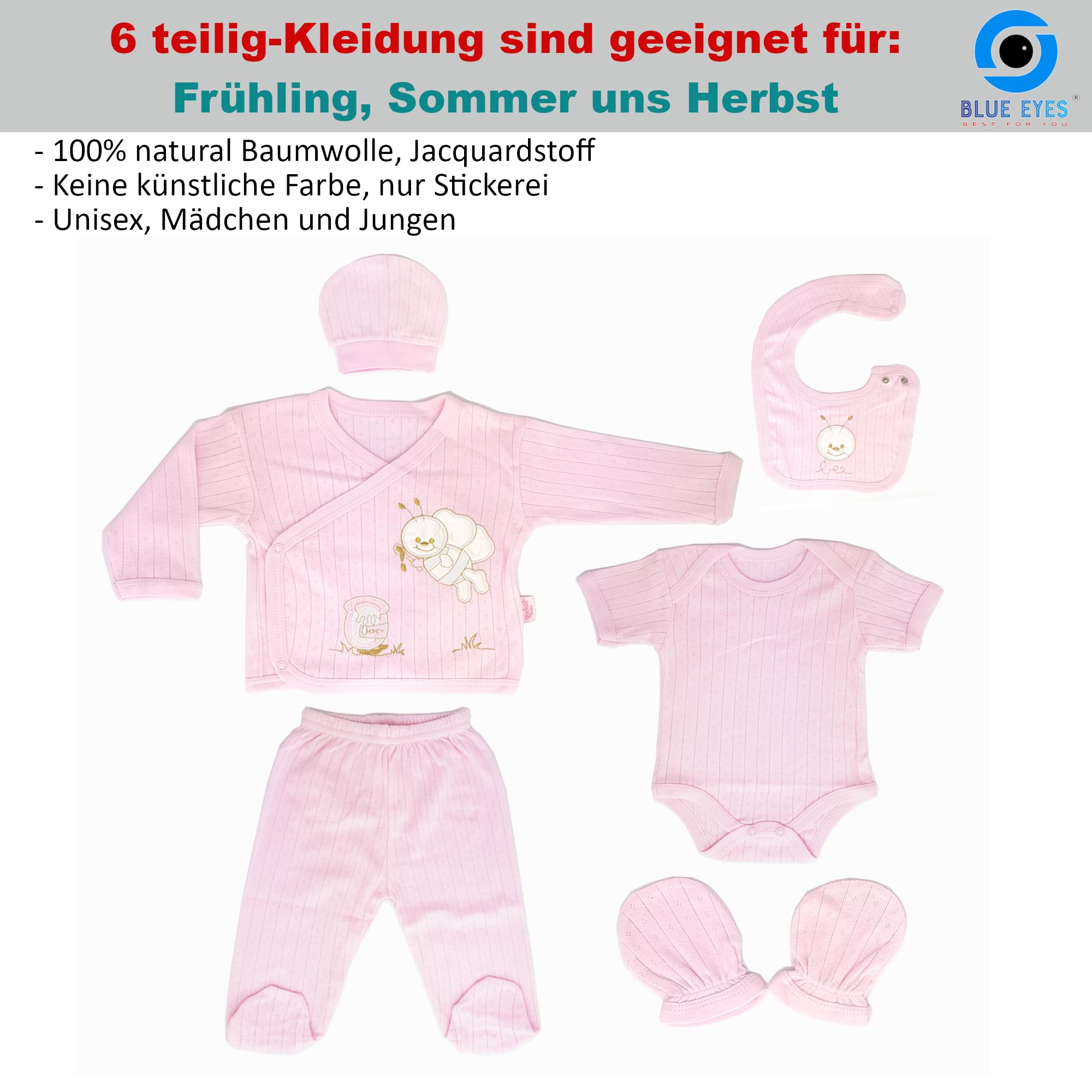 Blue Eyes Zestaw dla noworodka, 100% naturalna bawełna, pierwsze wyposażenie, unisex, odzież, ręcznik kąpielowy, zestaw upominkowy, 17-częściowy zestaw dla niemowląt w wieku 0-4 miesięcy, z etykietą