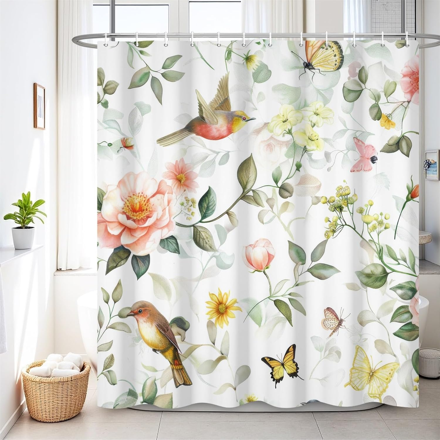 Renaiss 72 x 78 Inch Spring Hummingbird Shower Curtain for Bathroom Floral Bird Shower Curtains Flower Butterfly Shower Curtain Home Bathtub Decor with 12 Hooks Washable Durable Polyester Fabric