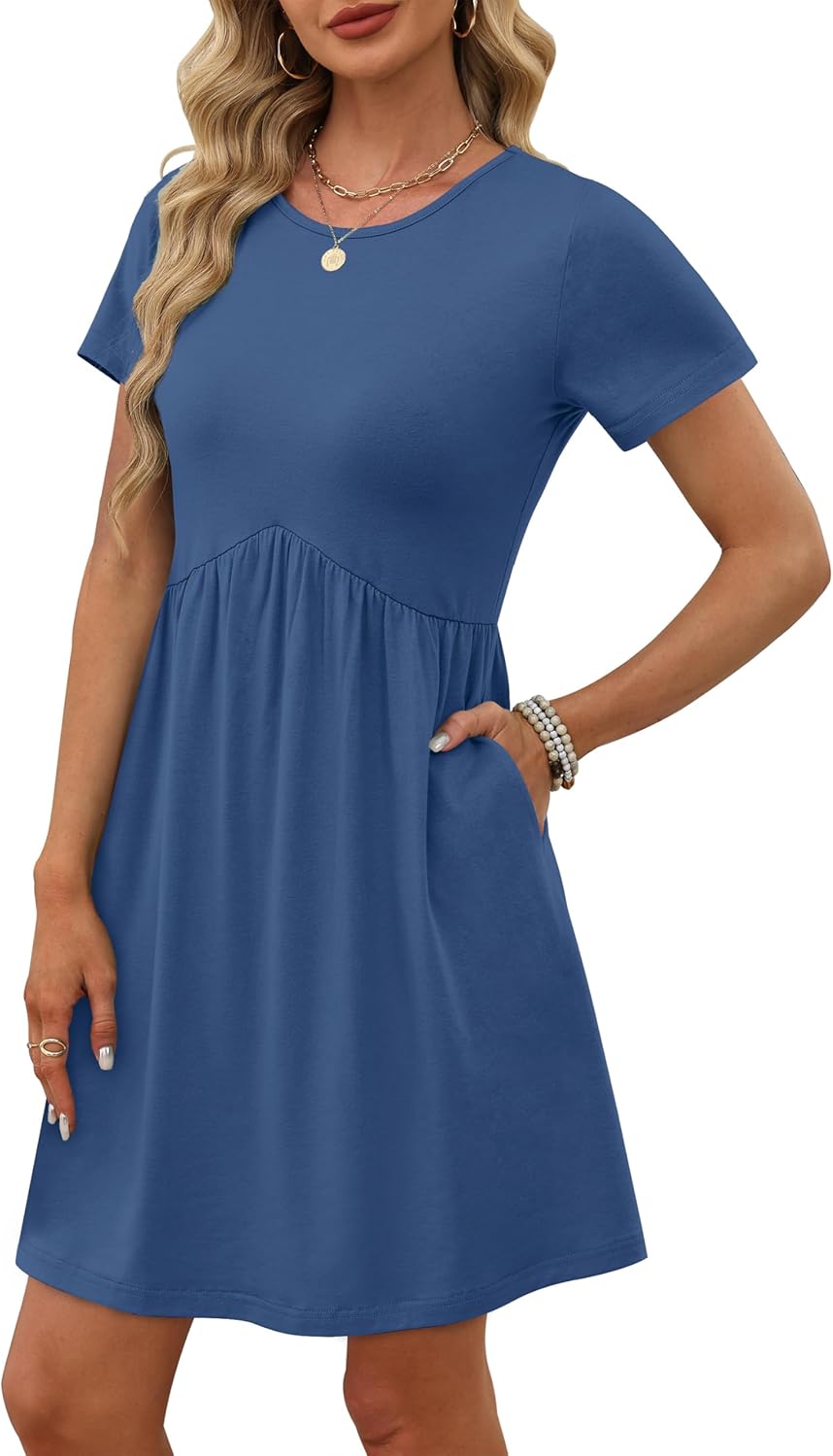 OFEEFAN Spring Dresses for Women 2026 Short Sleeve Crew Neck Casual Dresses Empire Waist Maternity Dress with Pockets - Image 3