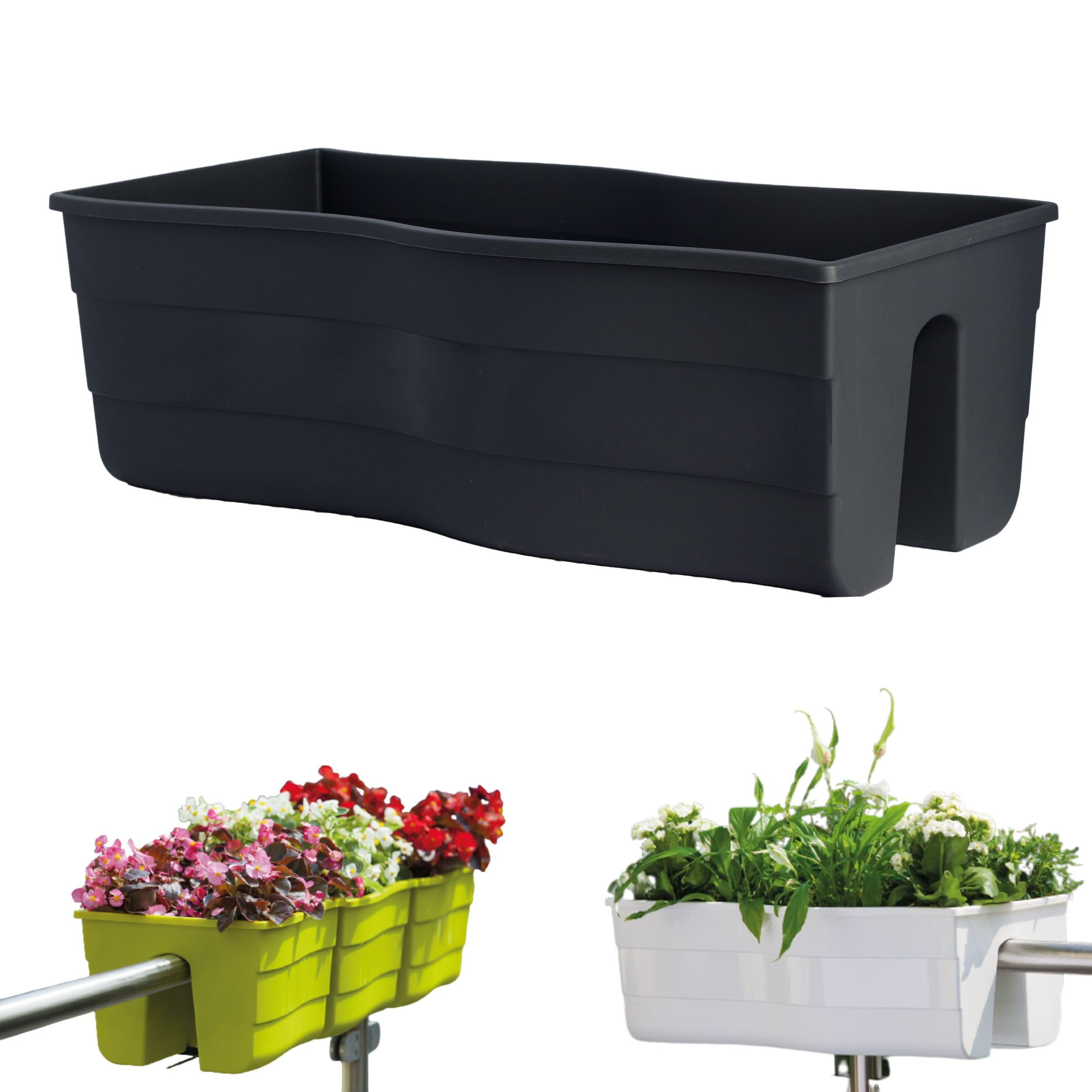 3X Caja de barandilla - Maceta de Interior y Exterior - Maceta - Maceta de balcón - Maceta Decorativa - Wave 60 + Arcilla expandida 5l - 290x585x200mm - Gris
