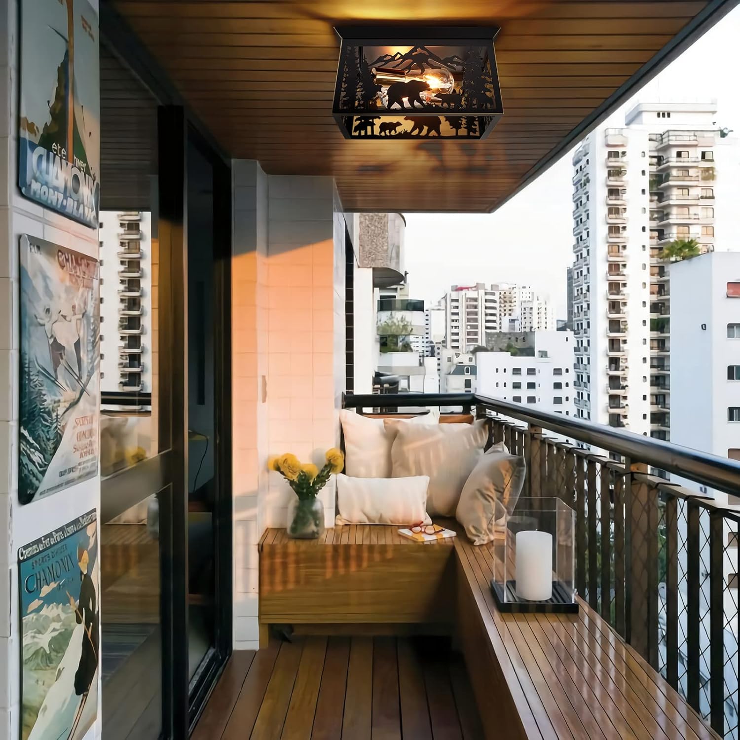 Farmhouse Flush Mount Ceiling Light Fixture, 2-Light Bear Rustic Light Fixtures for Log Cabin Kitchen, Bedroom, Living Room, Outdoor Porch, and Foyer Entryway Lighting (Bulbs not Included)