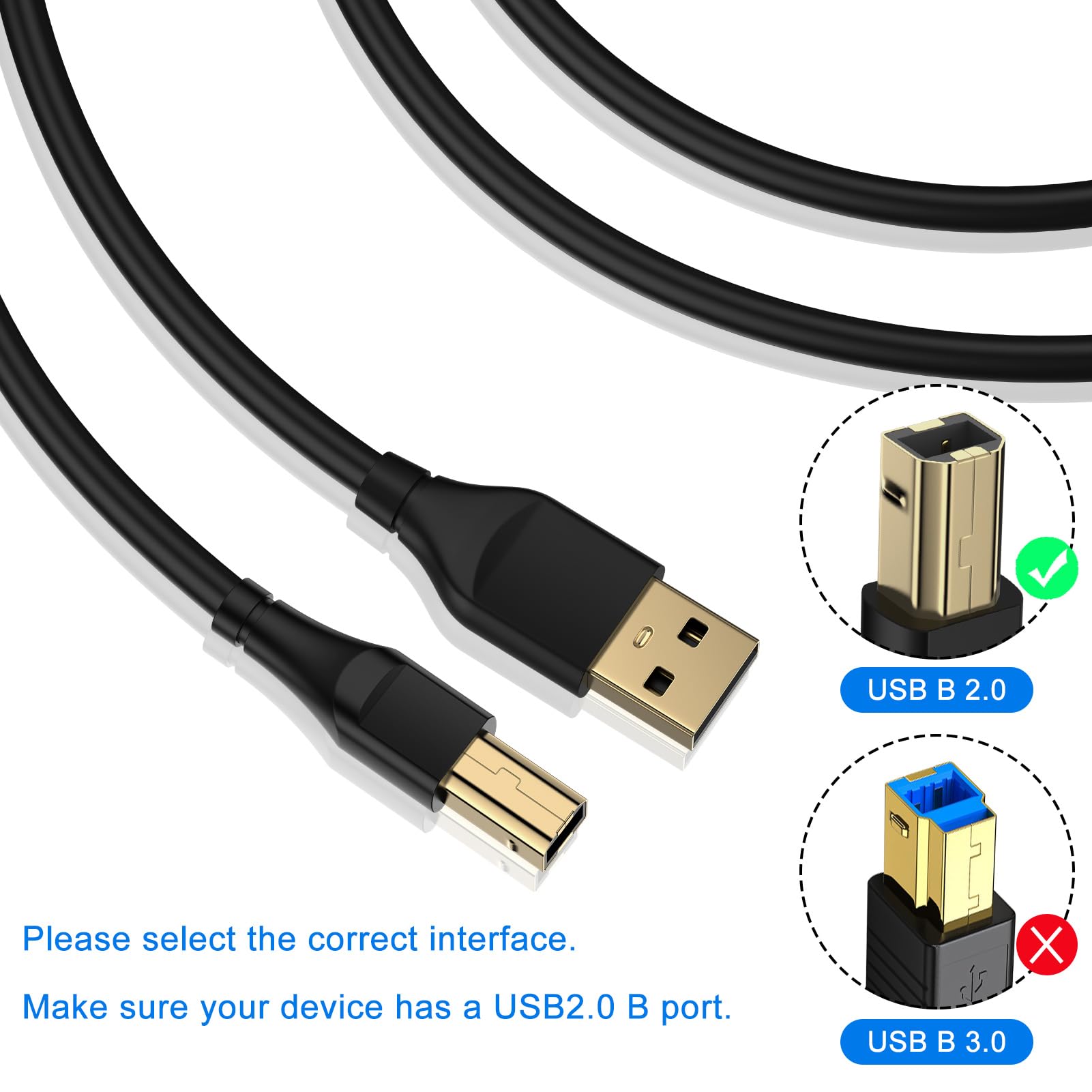 Druckerkabel, USB-A auf USB-B-Kabel, Hochgeschwindigkeits-Scanner-Druckerkabel für HP, Canon, Dell, Epson, Brother, Lexmark, Xerox, Samsung, Piano DAC und mehr, 3 m, Schwarz