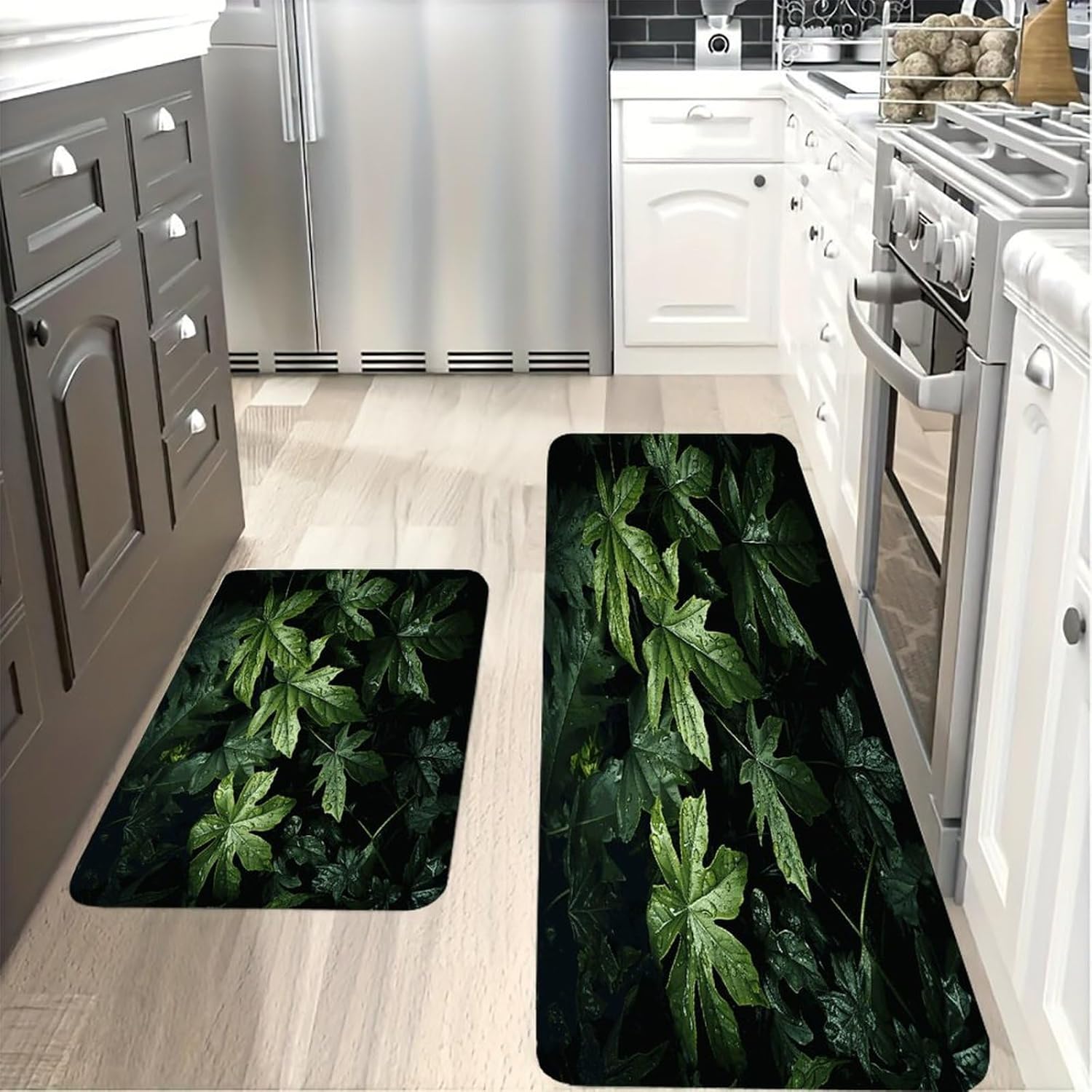 Green Leaves Pattern Kitchen Mats with 2PCS Non-Slip Washable,Kitchen Rug Heavy Duty Durable, Floor Mats for Kitchen,Office,Sink,Laundry