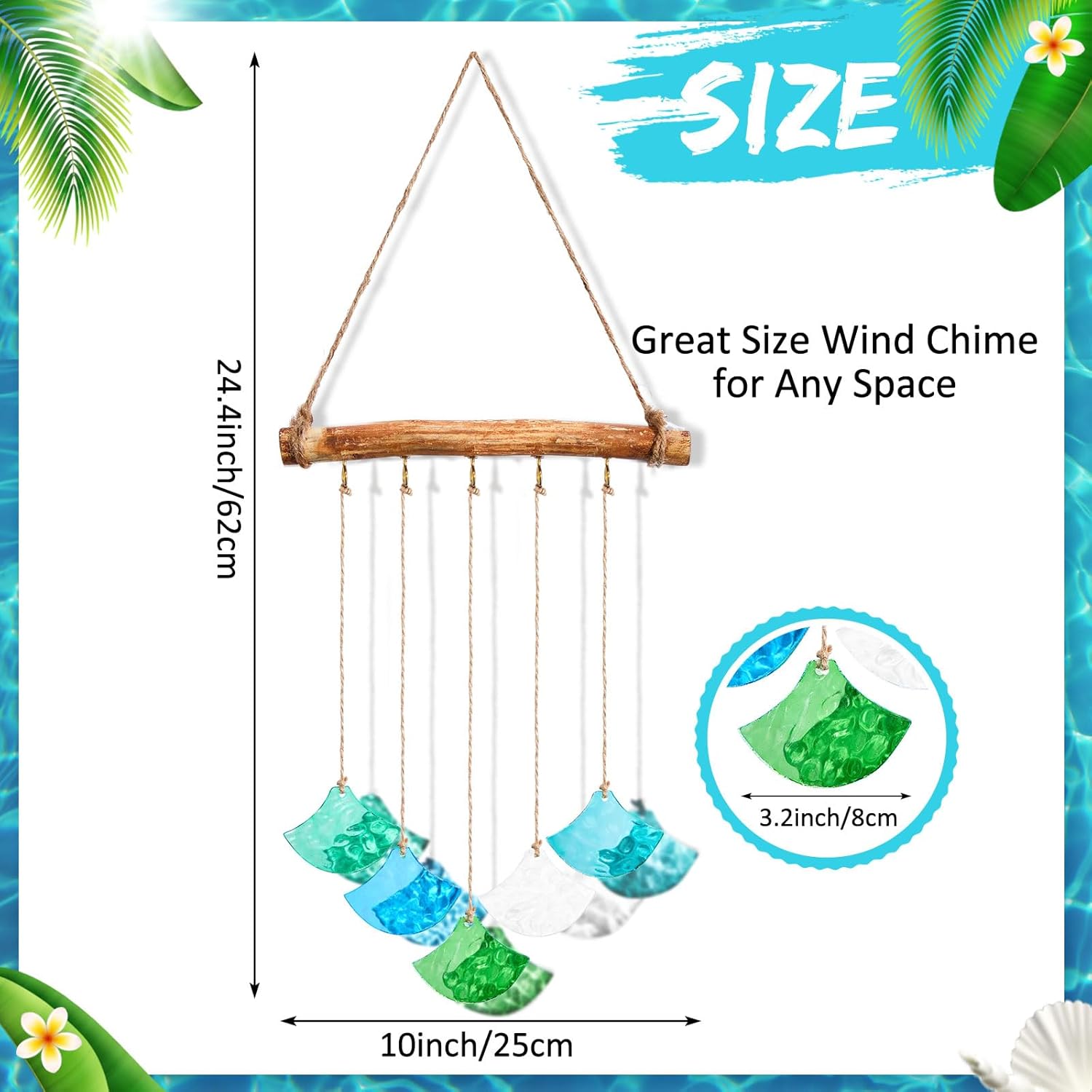 Weysat 24" Blue Sea Glass Wind Chimes and Driftwood for Outside Handcrafted Capiz Shell Glass Wind Chimes Lucky Gift Decor for Valentine Outside Home Garden Window Housewarming Birthday Mom - Image 2