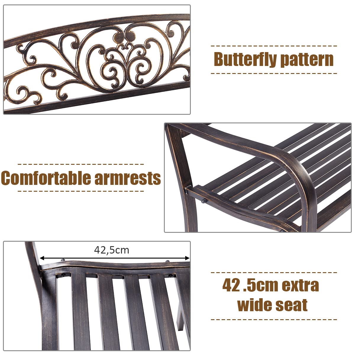 KOMFOTTEU Panchina da Giardino in Metallo e Ferro, Portata fino a 280 kg, Resistente alle Intemperie, Panchina Da Esterno e Interno per Balcone, Cortile, Terrazza, 127 x 60 x 85 cm