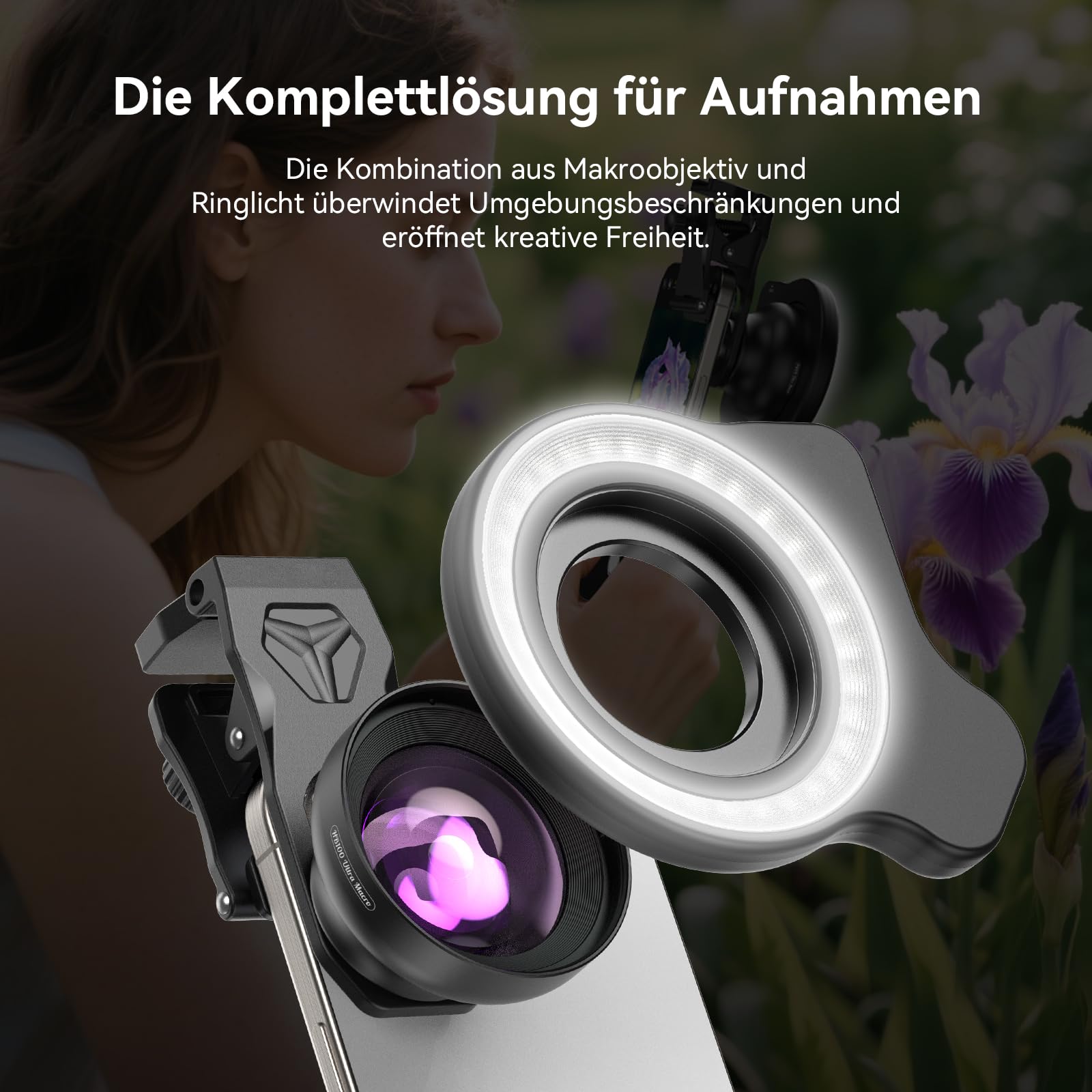 HB100 Ultra Makro Objektiv mit 45 Aufhellungsmodi, Blende F1.05 – HD-Makroobjektiv mit Universal-Clip – Handy Objektiv für iPhone, Samsung und Pixel, Android-Smartphones