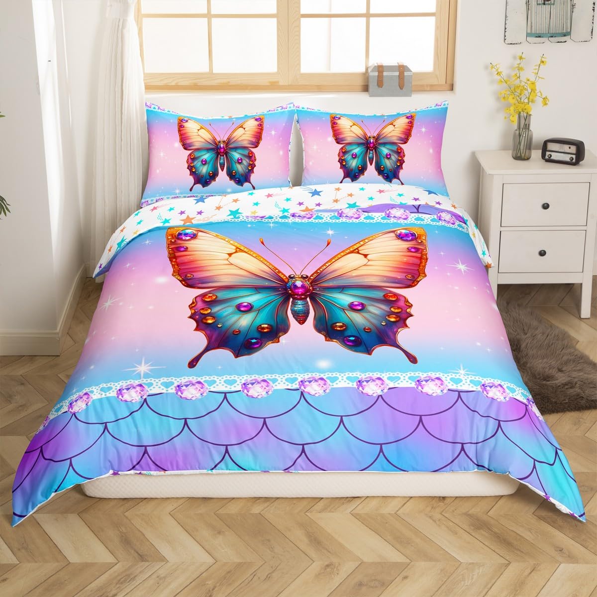 Beautiful Butterfly Bedding Sets Toddler Size,Mermaid Fish Scale Blue Pink Reversible Duvet Cover 2Pcs for Kids Bedroom,Sparkling Stars Gemstones Print Quilt Cover,1 Pillowcase (No Comforter)