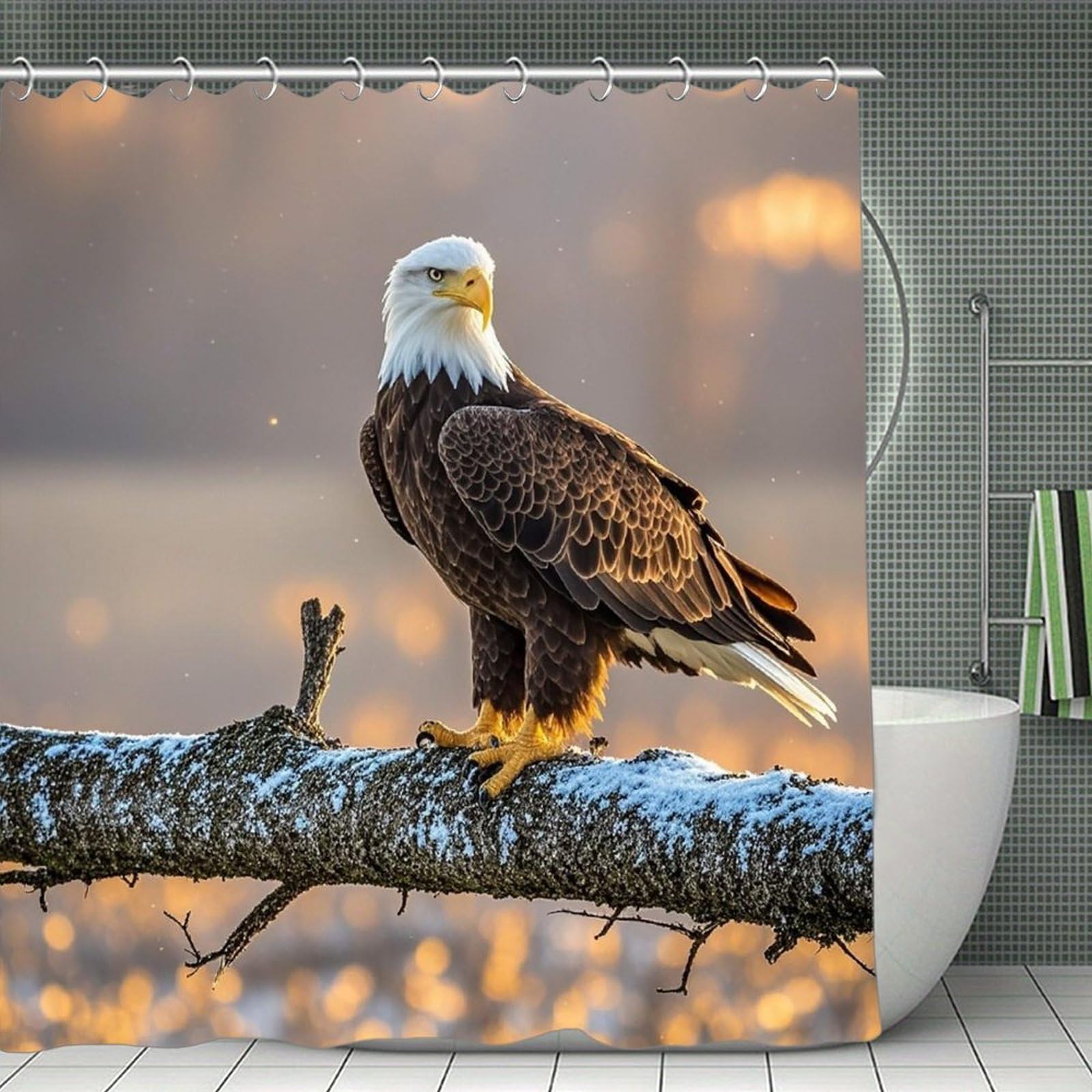 QMNLKH Golden Sunset Bald Eagle Shower Curtain with Hooks, Waterproof Bath Curtains for Bathroom, Lightweight Bath Curtains Liner for Hotel, Personalized Bath Curtain for Spa, 70.8 Inch