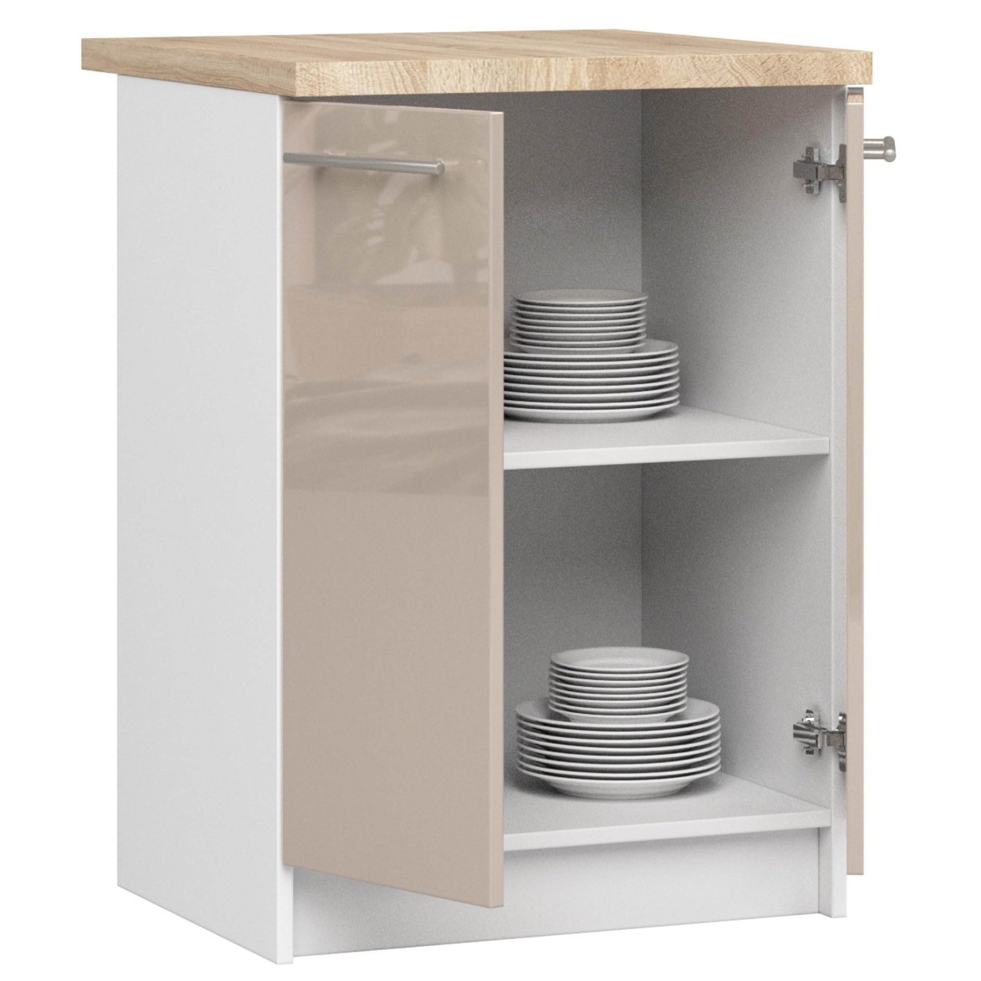 AKORD | Küchenschrank mit Arbeitsplatte - Oliwia S60 | Küchenunterschrank mit 2 Türen und 2 Einlegeböden | Unterschrank Küche 60 cm Breit | ABS-Kante 18 mm | 46 x 60 x 85 cm | Weiß & Cappuccino Glanz