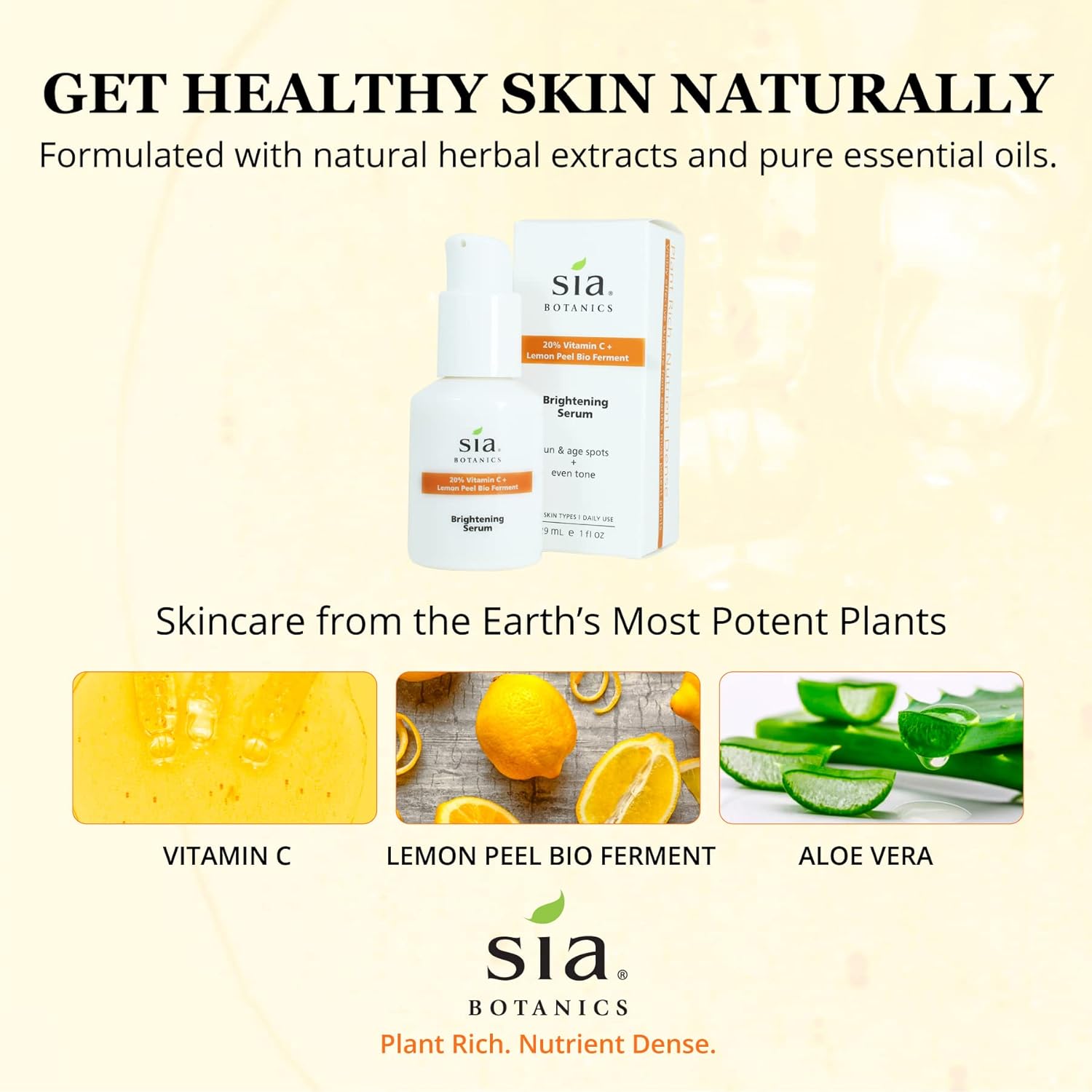 Sia Botanics Brightening Face Serum (30ml/1oz Porceline Bottle) | Facial Treatment w/Vitamin C, Lemon Peel Bio Ferment, Aloe Vera | Natural, Clean, Botanical Skincare for Women - Image 5