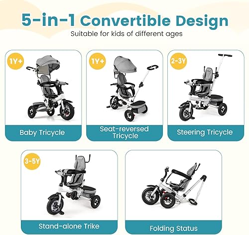 Miniatura 39 de HONEY JOY Triciclo, cochecito de bebé 6 en 1 con asa de empuje ajustable y toldo, cesta de almacenamiento, barandilla desmontable, arnés