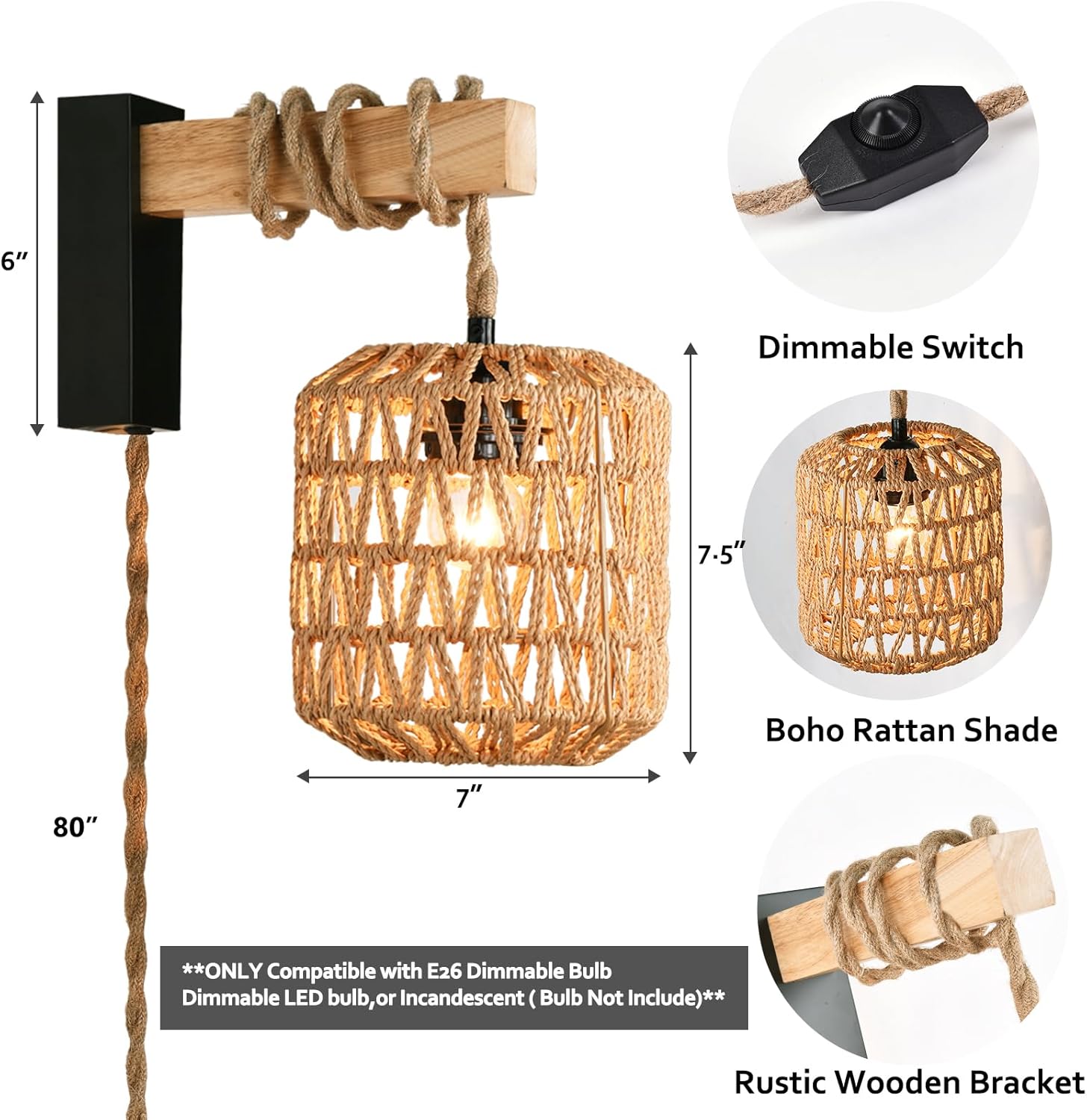 Capslad Plug in Wall Sconces Set of Two Dimmable Boho Rattan Wall Lamp with Wood Arm Rustic Wall Mount Lamp with Hemp Rope Cord Farmhouse Wall Light Fixture for Bedroom Living Room Entryway